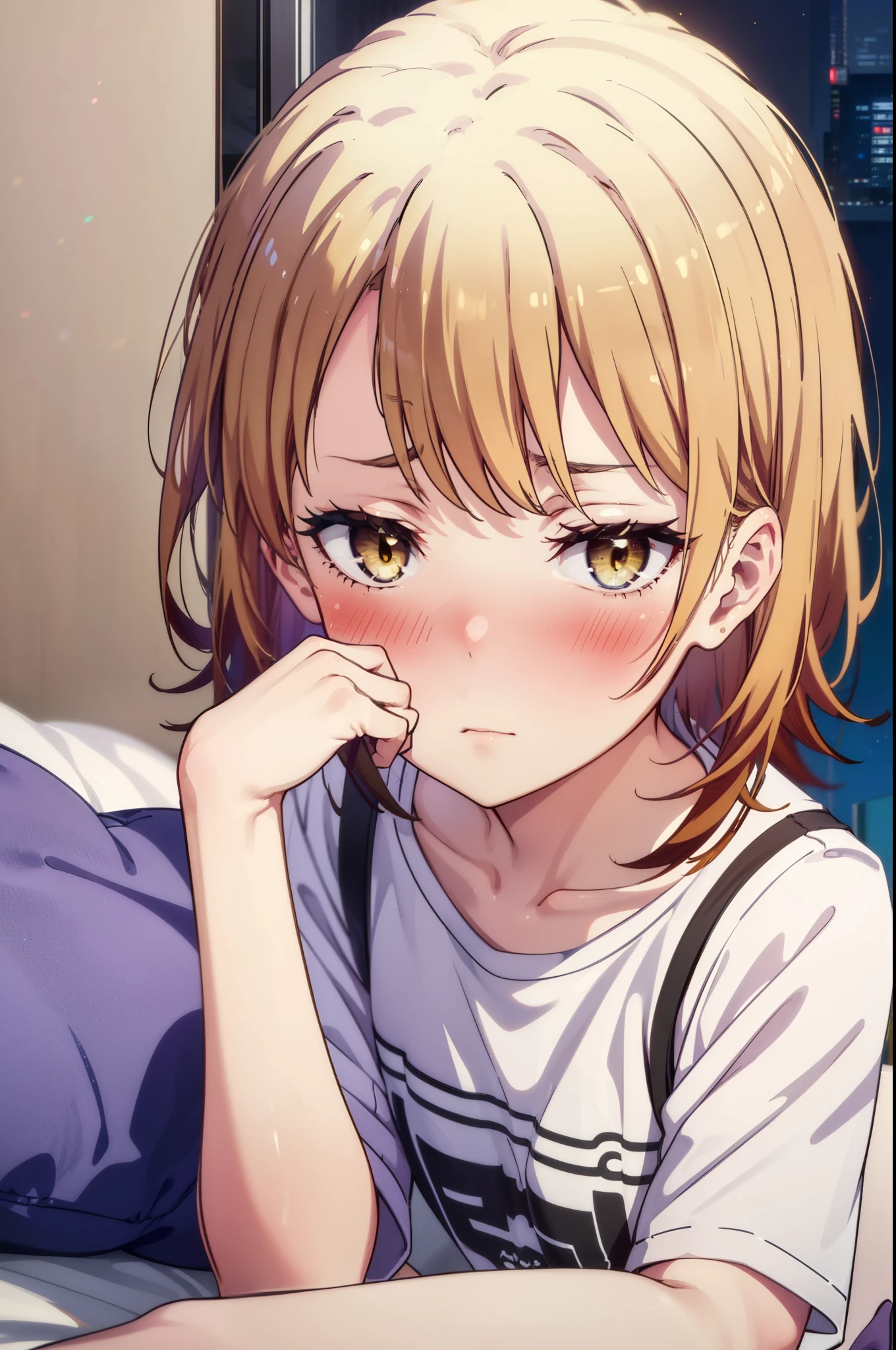 irohaisshiki, Iroha Isshiki, short hair, brown hair, (Brown eyes:1.5), blush,Looks sleepy,Embarrassing,oversized t-shirt,black string underwear,barefoot,Holding a pillow in both arms,Putting my face on the pillow,Sitting on the bed,ロマンチックな夜景
break indoors, Bedroom,
break looking at viewer,
break (masterpiece:1.2), highest quality, High resolution, unity 8k wallpaper, (figure:0.8), (Beautiful fine details:1.6), Highly detailed face, Perfect lighting, Highly detailed CG, (Perfect hands, Perfect Anatomy),