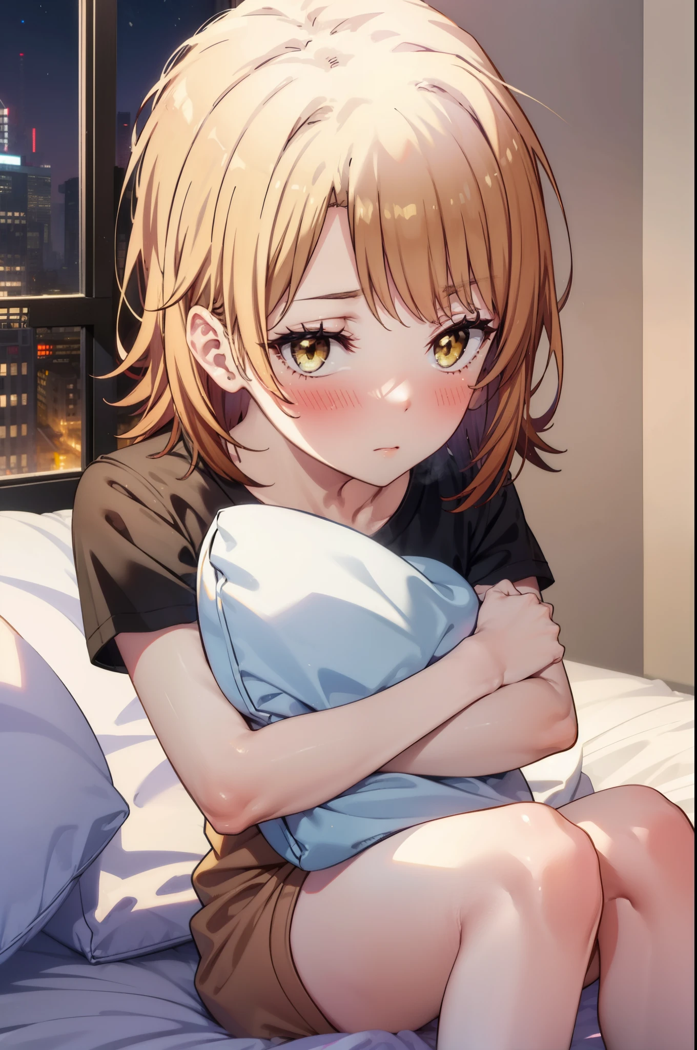 irohaisshiki, Iroha Isshiki, short hair, brown hair, (Brown eyes:1.5), blush,Looks sleepy,Embarrassing,oversized t-shirt,black string underwear,barefoot,Holding a pillow in both arms,Putting my face on the pillow,Sitting on the bed,ロマンチックな夜景
break indoors, Bedroom,
break looking at viewer,
break (masterpiece:1.2), highest quality, High resolution, unity 8k wallpaper, (figure:0.8), (Beautiful fine details:1.6), Highly detailed face, Perfect lighting, Highly detailed CG, (Perfect hands, Perfect Anatomy),