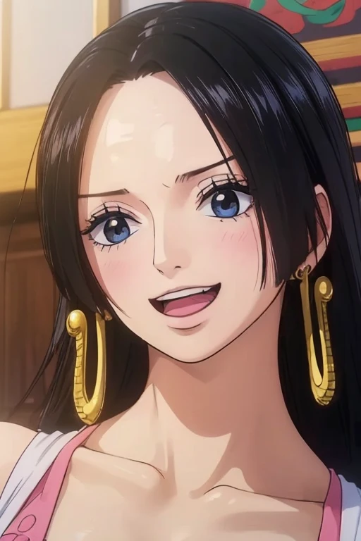 (((masterpiece))), (((highest quality))), ((Very detailed)), (Highly detailed CG illustrations), Boa Hancock, (Browsing Caution:1.4), (masterpiece:1.5), Detailed Photos, smile, sexy, (highest quality: 1.4), (One girl), beautiful Face, (Black Hair, Long Hair: 1.3), beautiful Hairstyle,  beautifulディテールの目, (Realistic Skin), beautiful肌, Absurd, Charm, 超High resolution, High resolution, (Sexually excited:1.5), Pinkish white skin, Cool white light, sexyなポーズ, beautiful , White Background, Pink soft white light, Wearing a white tank top,