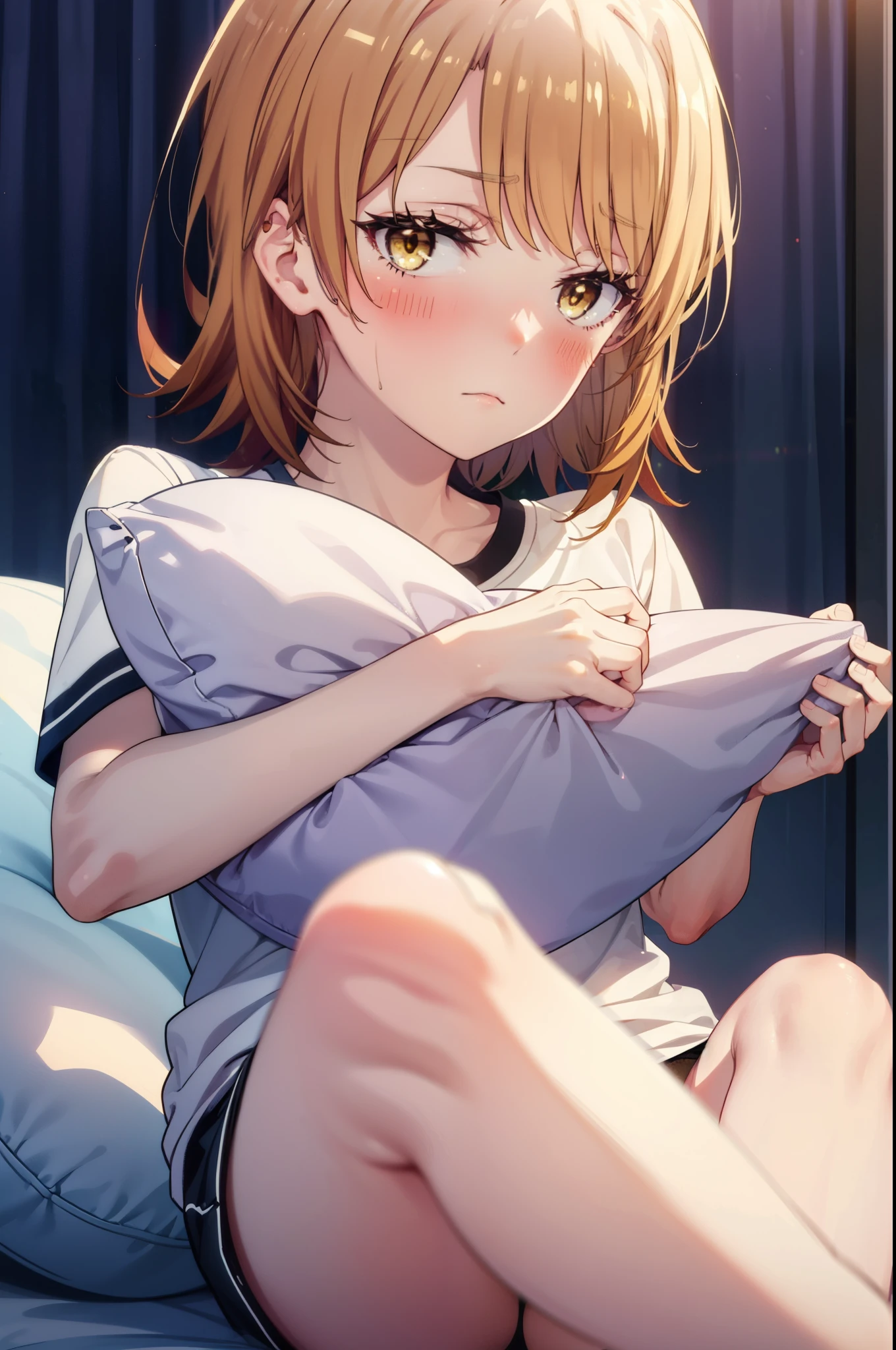 irohaisshiki, Iroha Isshiki, short hair, brown hair, (Brown eyes:1.5), blush,Looks sleepy,Embarrassing,oversized t-shirt,black string underwear,barefoot,Holding a pillow in both arms,Putting my face on the pillow,Sitting on the bed,ロマンチックな夜景
break indoors, Bedroom,
break looking at viewer,
break (masterpiece:1.2), highest quality, High resolution, unity 8k wallpaper, (figure:0.8), (Beautiful fine details:1.6), Highly detailed face, Perfect lighting, Highly detailed CG, (Perfect hands, Perfect Anatomy),