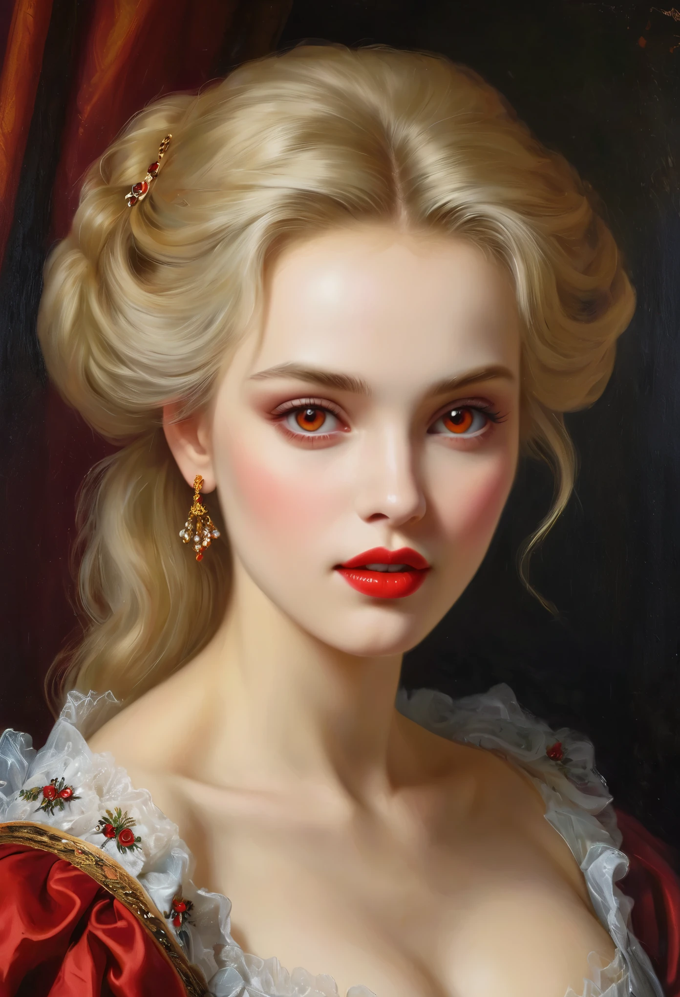 (High resolution,masterpiece:1.2),(Realistic:1.37)Portrait of an 18th century Russian vampire girl of unparalleled beauty. She has captivating red eyes and delicate rosy lips. Long fangs, The portrait is carefully drawn down to the smallest detail., Capture the subtle nuances of her features. She is wearing a beautiful silk gown, Adorned with intricate lace and delicate embroidery. This painting speaks of the luxury of the time., Luxurious velvet curtains and gold furniture in the background. The lighting is soft and diffused, Highlight the girl&#39;s graceful beauty. the colors are vivid and rich, Create compelling visual experiences. (This portrait is painted in the classical portrait style:1.5), Reminiscent of the works of famous artists of the time. It exudes elegance, Grace, Sophistication. sharp long claws, (Crimson eyes:1.4), Flame-red eyes, (Sharp fangs visible through the gap between his lips:1.8), (There is a bite mark on the neck:1.5),.２There are two holes