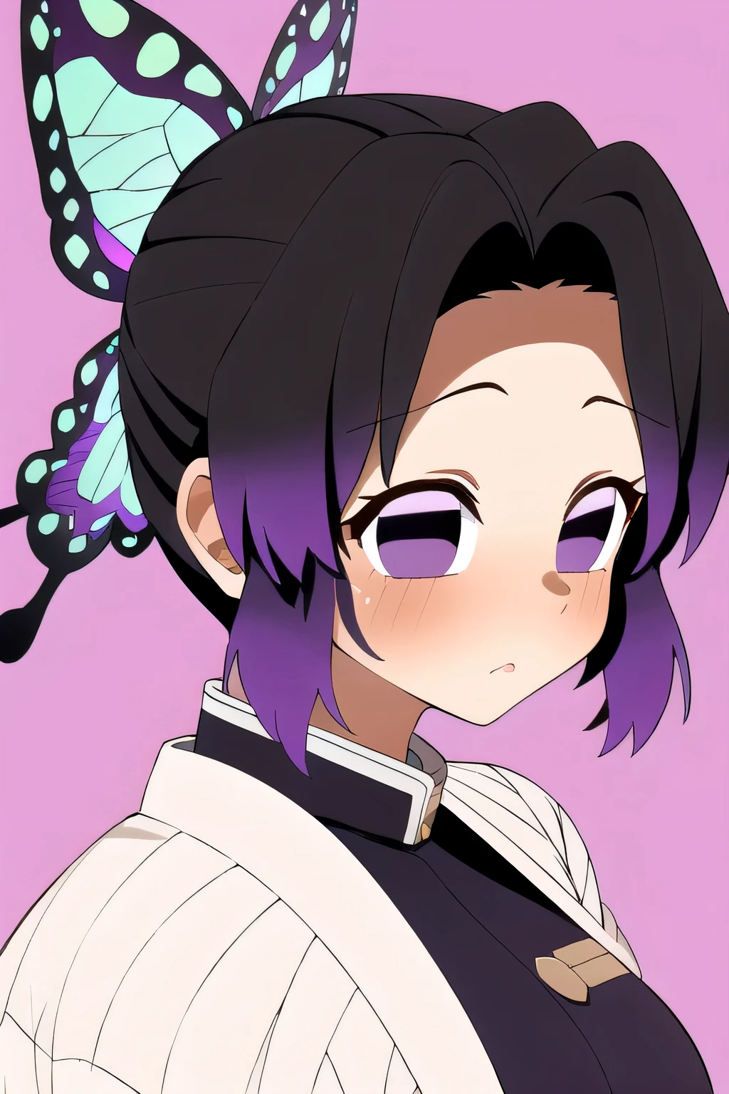 1girl, Kochou Shinobu,O cabelo multicolorido,No bangs,hair intakes,Purple eye, butterfly hair ornament
