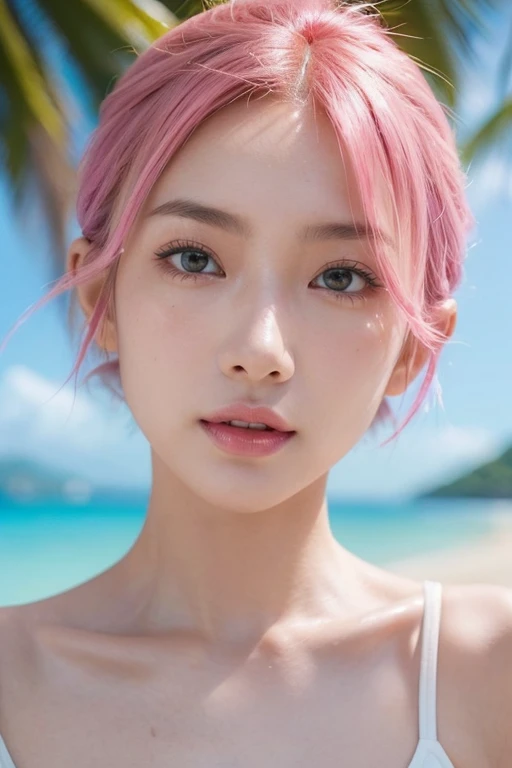 ((Bright colors)),((Portrait))，((Head close-up))， (Beautiful and Realistic thai girl),(Sexy and attractive face, perfectly proportioned body),masterpiece,head focus, girl hair,pink hair, short hair, green eyes, nude,  in a bikini standing in the beach , ,white bikini,sexy bikini, ultra realistic concept art, hyperrealistic fantasy art,scenic background, 