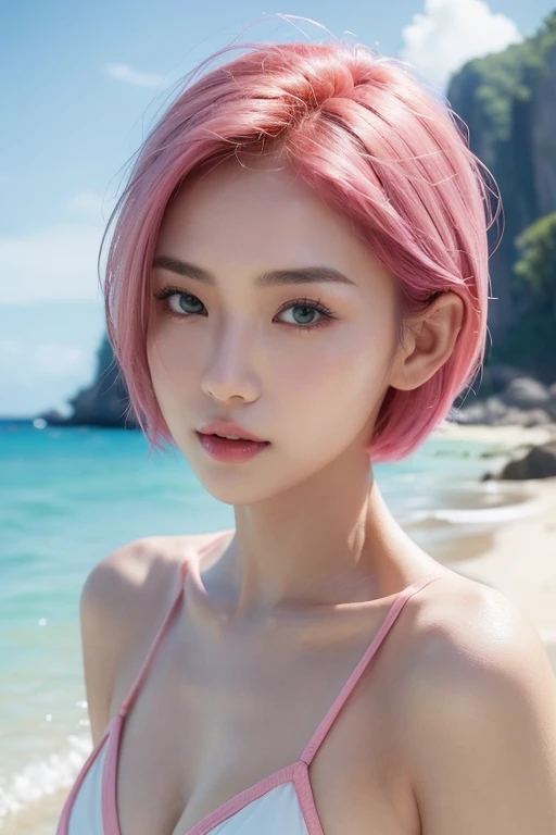 ((Bright colors)),((Portrait)),((Head close-up)), (Beautiful and Realistic thai girl),(Sexy and attractive face, perfectly proportioned body),masterpiece,head focus, girl hair,pink hair, short hair, green eyes, nude, in a bikini standing in the beach , ,white bikini,sexy bikini, ultra realistic concept art, hyperrealistic fantasy art,scenic background,