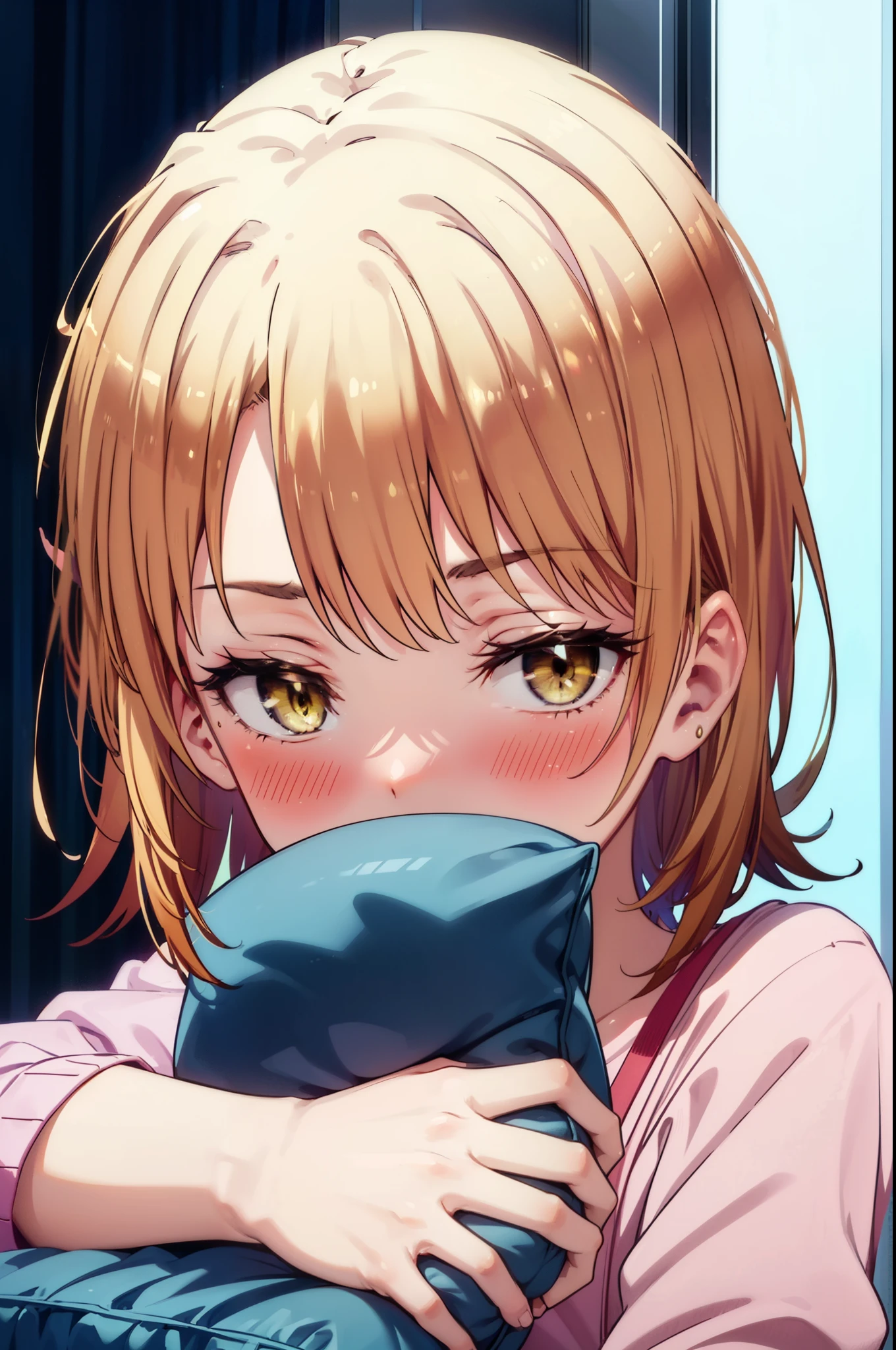 irohaisshiki, Iroha Isshiki, short hair, brown hair, (Brown eyes:1.5), blush,Looks sleepy,Embarrassing,oversized t-shirt,black string underwear,barefoot,Holding a pillow in both arms,Putting my face on the pillow,Sitting on the bed,ロマンチックな夜景
break indoors, Bedroom,
break looking at viewer,
break (masterpiece:1.2), highest quality, High resolution, unity 8k wallpaper, (figure:0.8), (Beautiful fine details:1.6), Highly detailed face, Perfect lighting, Highly detailed CG, (Perfect hands, Perfect Anatomy),