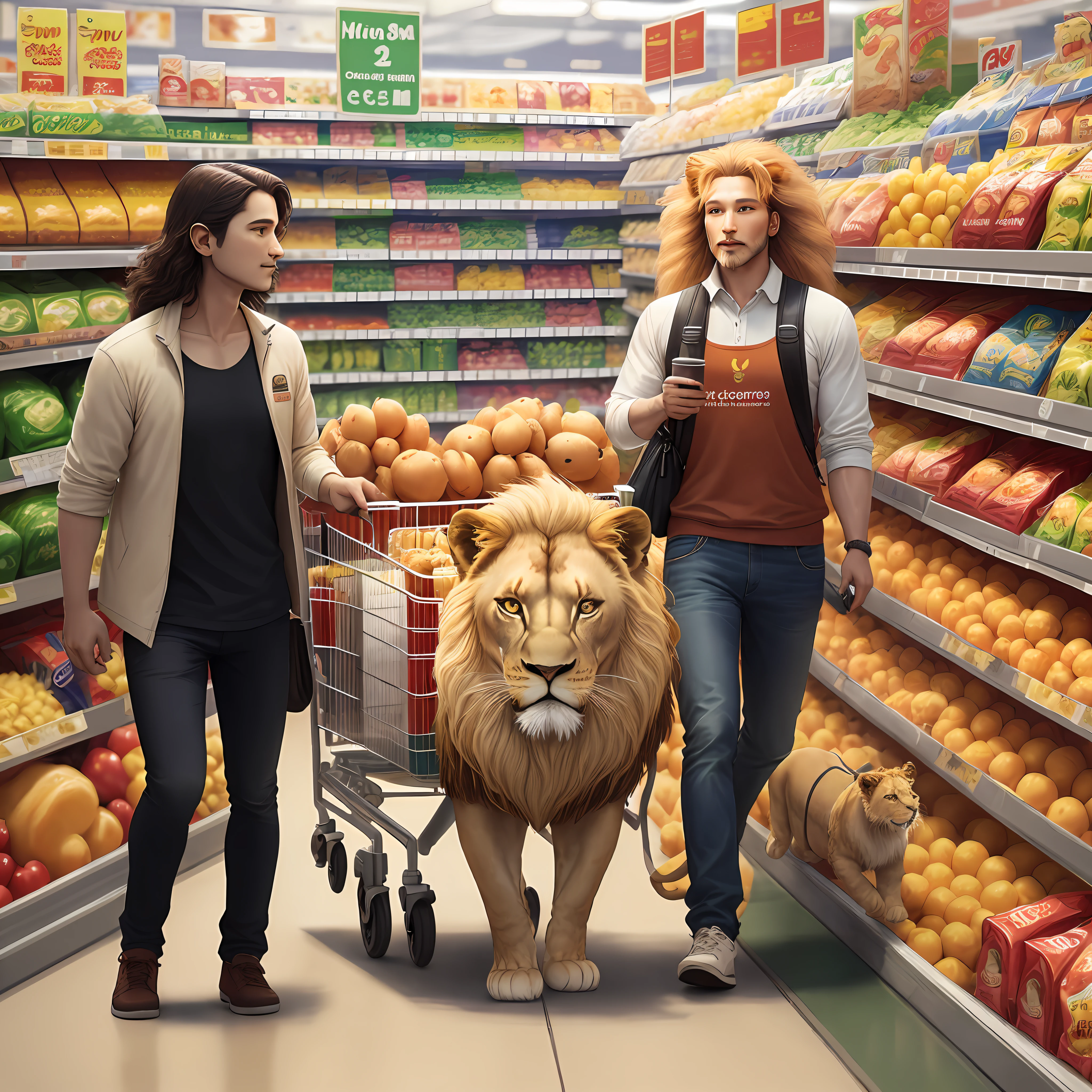 Lion walking in a supermarket