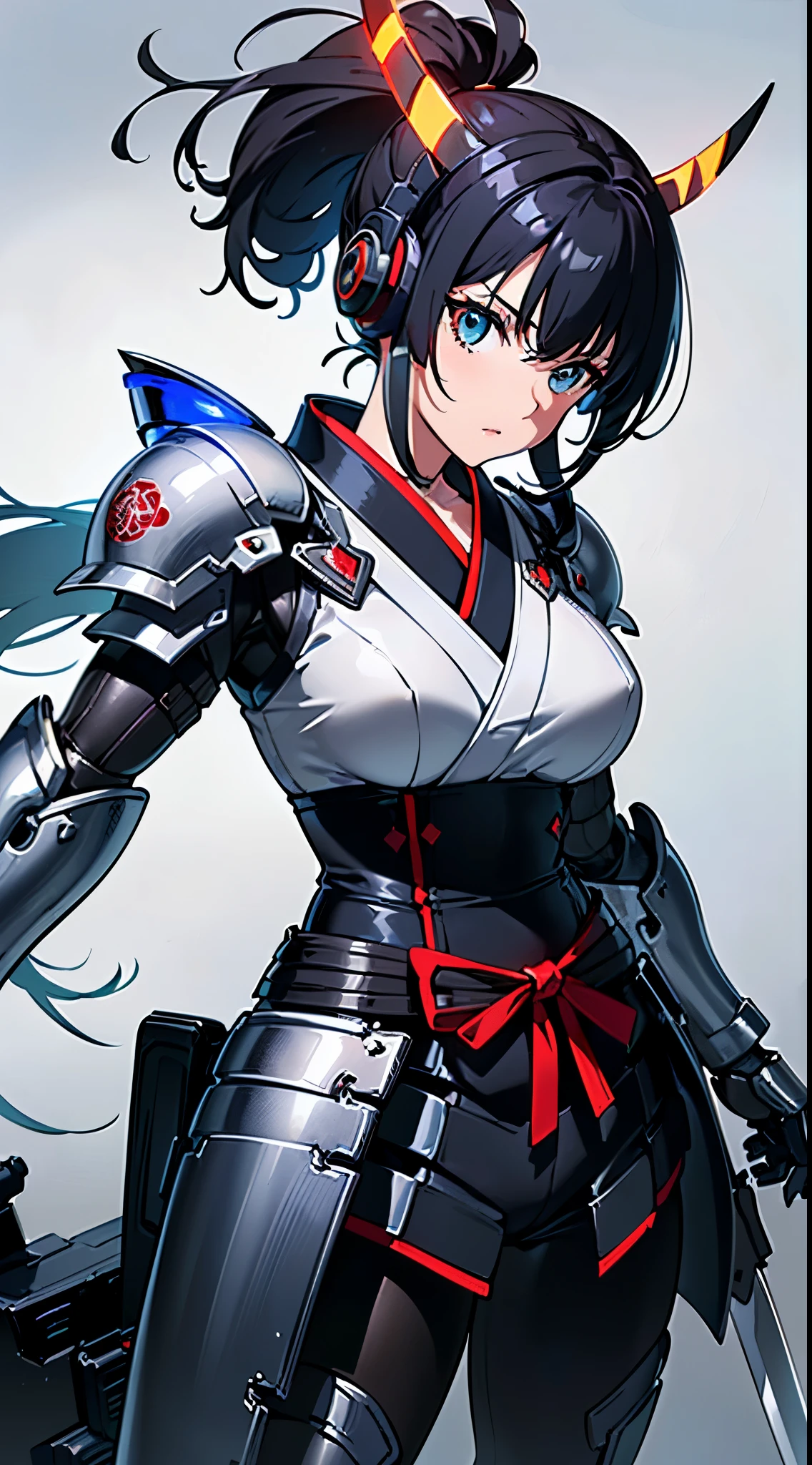 (Dynamic pose:1.3)、(Cyber Headphones:1.3)、Beautiful woman,(((head shot:1.5)))、(((samurai kimono)))、 (((Mechanical Samurai、Machinery Armor))), ((Perfect figure, Beautiful Face, Beautiful Face, Ponytail Hairstyles, Beautiful Skin, Very detailed髪, Finer details)), (Completely android woman)、(((Cinema Lighting, Beautiful lighting effects, Creative Design, Full Body Frame, Divine Aura, hard Harmony , Perfect color change, Perfect contrast balance, Perfect color layers, Perfectly smooth color bleeding, Soft Rendering, smooth color strokes, Optical Lenses, Soft colors, Smooth color blending, Perfect color expression, Harmony, perfect color Harmony, Beautiful colors, soft Harmony, Particles of light, Perfect detail, Intricate details, color prism, Finer details, Finer details))), super high quality, Very detailed,Perfect drawing,alone, beautiful girl, masterpiece, (mecha musume), Machinery Armor, headgear, Mechanical Wing, brandishing a sword、Samurai with a huge gun, Black ponytail, Her hair is tied with a big red ribbon, Equipped with two Japanese swords ((extra large cool samurai_Sword in hand, Huge and cool weapon machine)), Open Stance, Action pose,purgatory , ((highest quality))),8k,((masterpiece)),(Very sophisticated and beautiful)