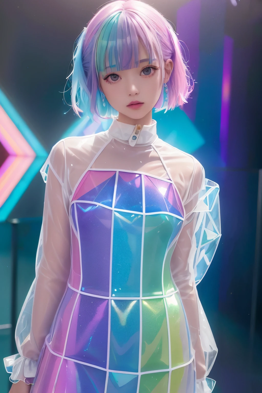 transparent color PVC clothing, transparent color vinyl clothing, prismatic, holographic, chromatic aberration, fashion illustration, masterpiece, girl with harajuku fashion, looking at viewer, 8k, ultra detailed, pixiv