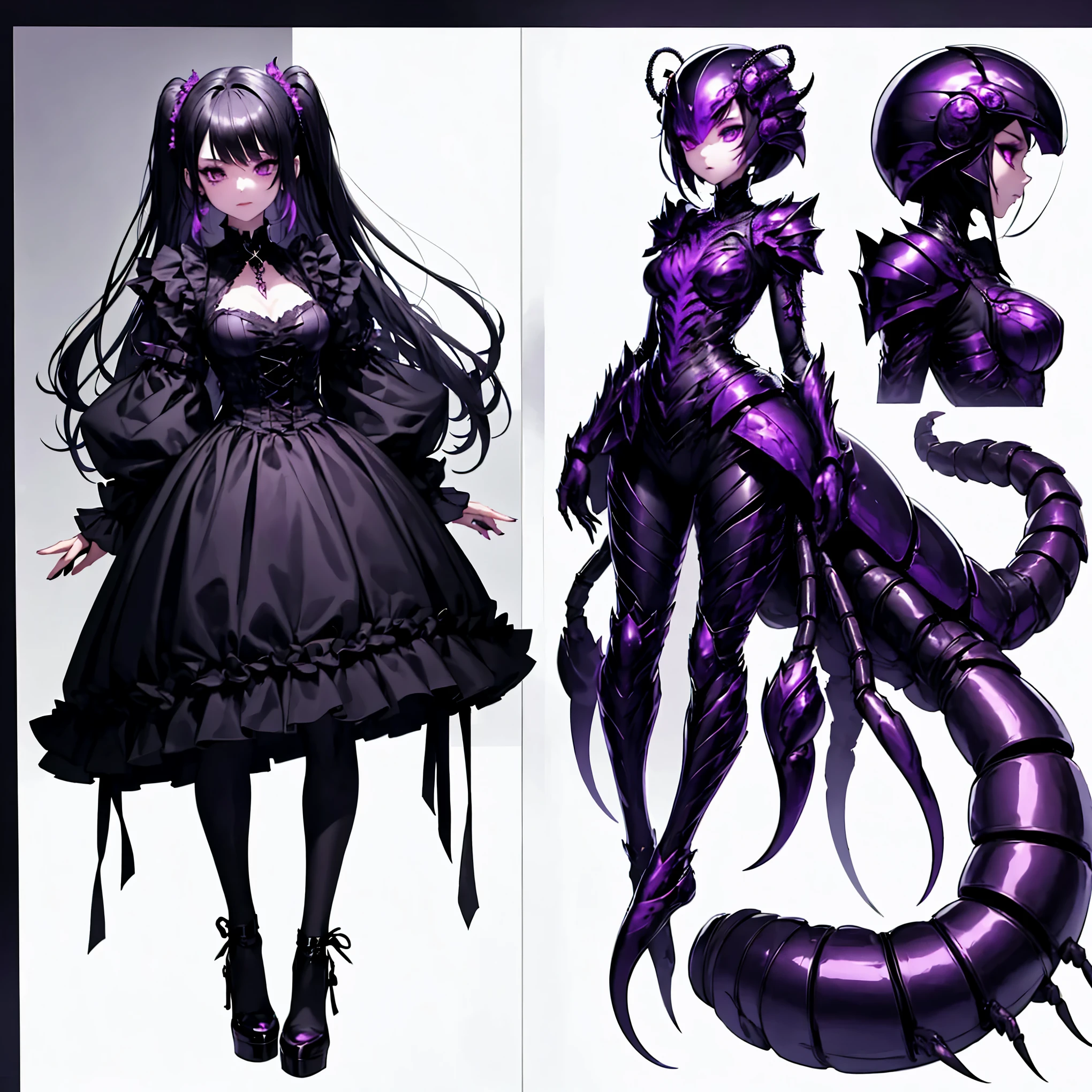 Beautiful girl fused with a scorpion. (High quality) （black and purple image color）gothic dress. body suit. cyber style. Circuit pattern. Biological Armor. Biological helmet. eye mask.