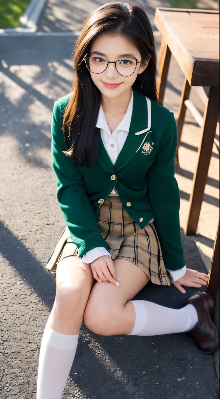 (High detail:1.5,8k,Masterpiece)、sleeve,Long sleeve,Jacket1.5,Cardigan,V neck sweater,Varsity ,Sailor suit1.5,High socks1.5,Loafers1.5,Panty shot1.5,Sitting with Knees Up on seat ,spread legs,crawling position on their hands and knees:1.5,((skirt lift:1.3))
、Schoolyard、classroom、(Sit in your seat:1.3)、Carrying a backpack、I have a bag、(((１By people)))、(((From her front 1.3、Low - Angle:1.3、perspective from the floor:1.9、Directly against:1.3、looking at the camera)))、((Beautiful high school girl、17 years old、Super beautiful girl:1.3、Neat beautiful girl:1.3、Class Committee,Glasses,Big Eyes:1.3、double eyelid:1.3、Adorable smile))、((Black Hair、ponytail:1.3))、((school uniform:1.3、Green blazer:1.3、Y-shirt:1.3、School emblem:1.3、emblem:1.3、V-neck sweater、tie:1.3、ribbon、brown pleated skirt:1.5、Brown plaid skirt:1.3、Green below-the-knee skirt:1.3、Brown High Socks:1.3)、(((Perfect ???????:1.5、Leg spread:1.5、Open your knees slightly:1.3、fine skin、Attractive thighs、Between the legs:1.3)))