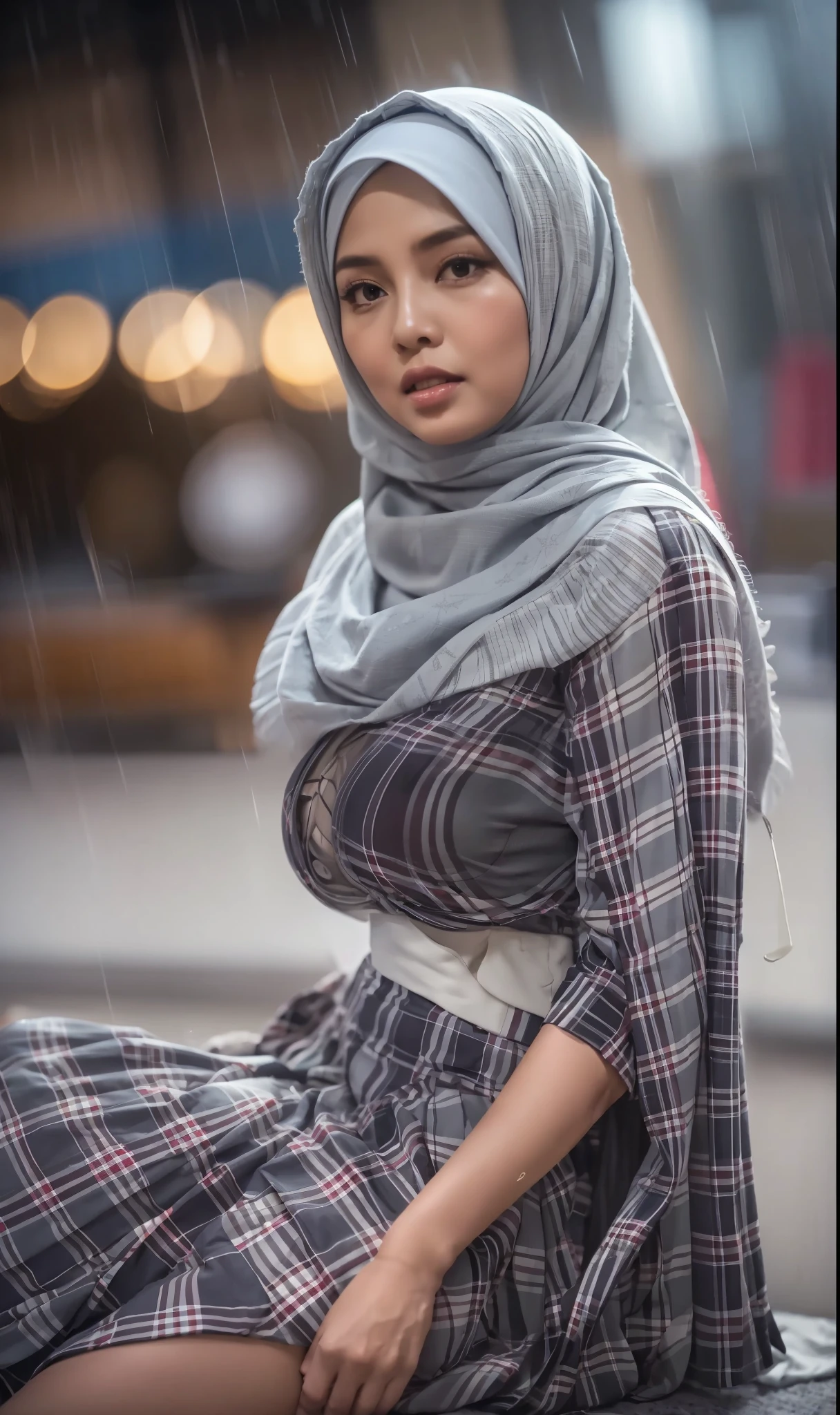 50 years Old, Hijab Indonesian mature woman, Big Tits : 66.9, Gamis, Breast out from her clothes : 1.9, at doctor office, Dark light, at Nighttime