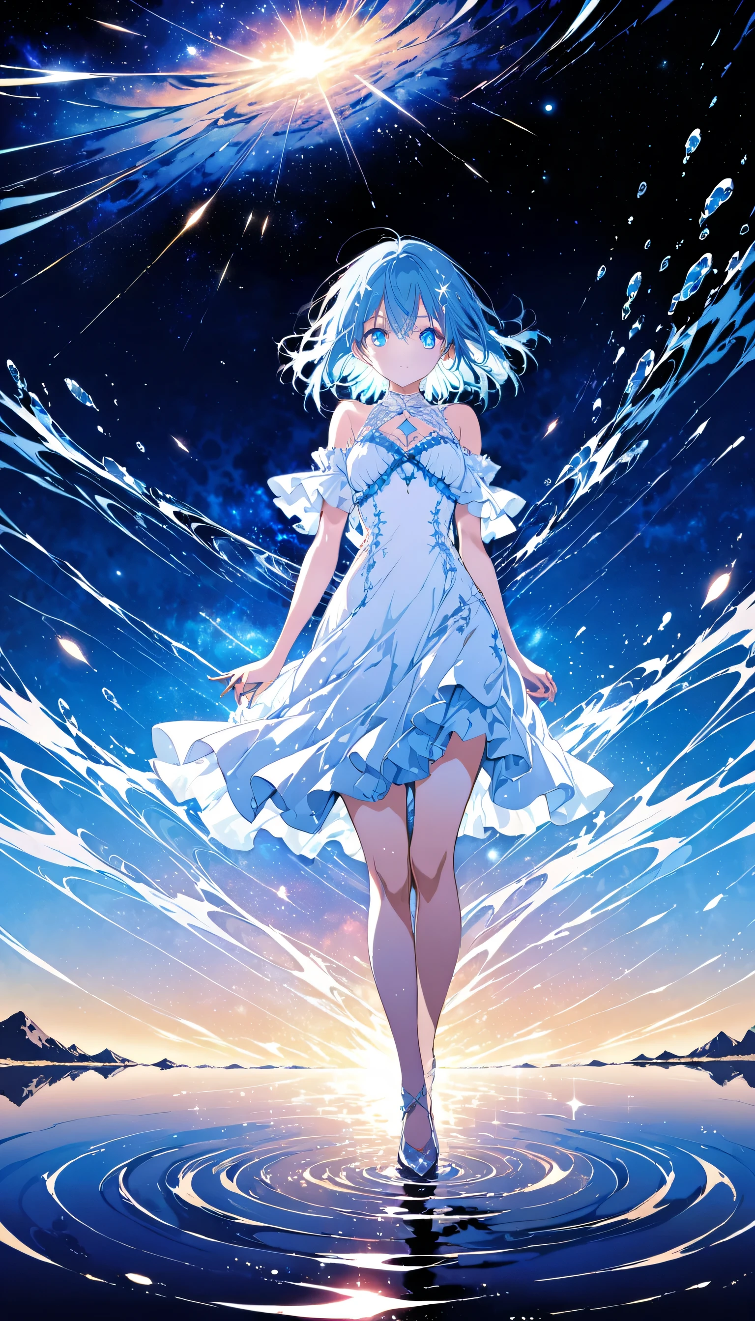 Absurd, High resolution, (Official Art, beautifully、aesthetic:1.2), (Shortsighted:1.15), (One girl, Blue Hair, Medium Hair, blue eyes, Bright Eyes, long white dress, Blue frills,:1.2) blue sky, Sparkling Galaxy, (Uyuni salt lake:1.2), (Fractal Art:0.8), water effects, Ripple effects, (Flower effect: 0.65), Light effects,