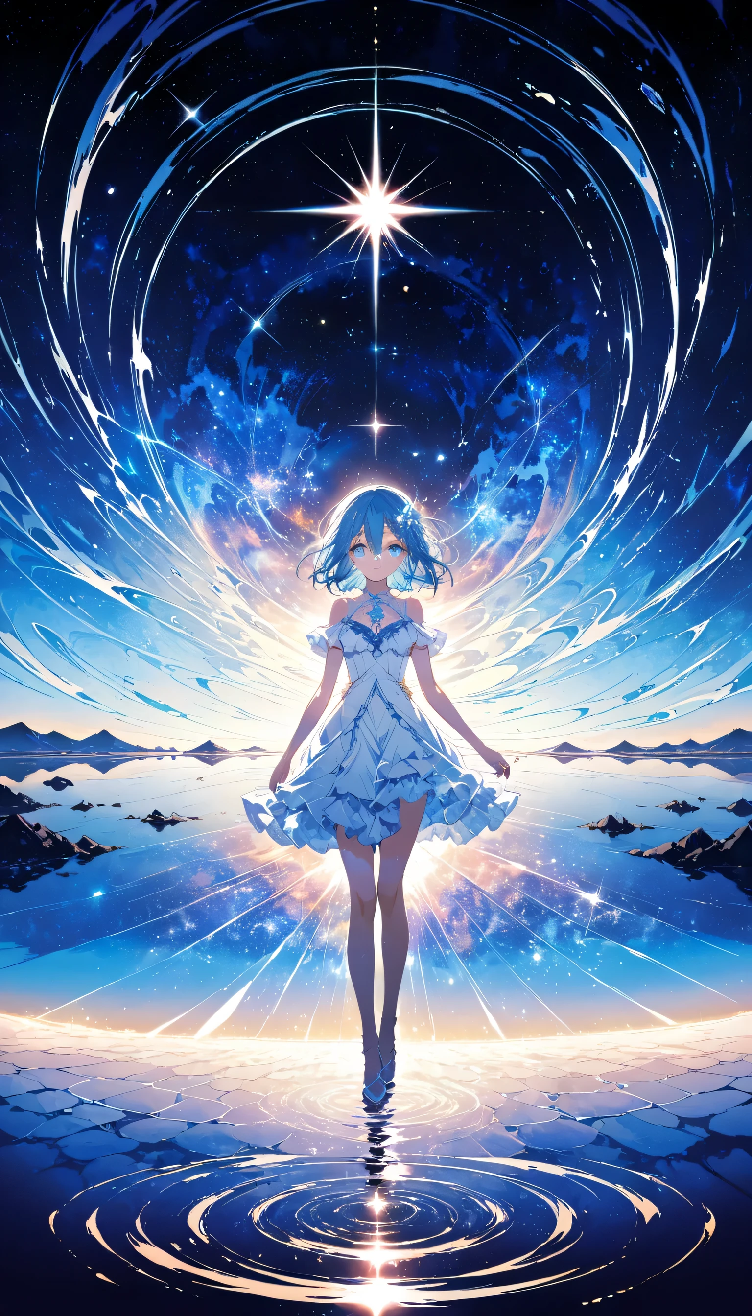 Absurd, High resolution, (Official Art, beautifully、aesthetic:1.2), (Shortsighted:1.15), (One girl, Blue Hair, Medium Hair, blue eyes, Bright Eyes, long white dress, Blue frills,:1.2) blue sky, Sparkling Galaxy, (Uyuni salt lake:1.2), (Fractal Art:0.8), water effects, Ripple effects, (Flower effect: 0.65), Light effects,