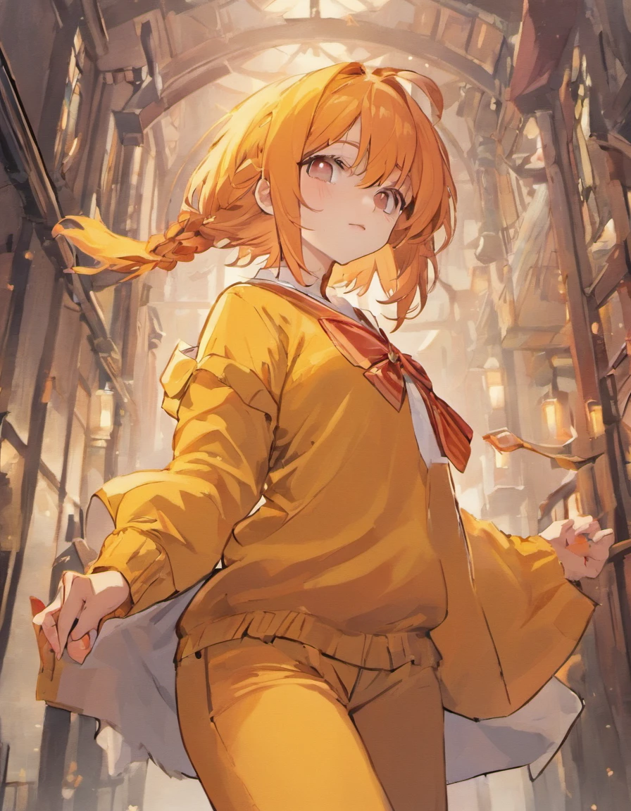 Fall and Winter Costume Planning Theme Return to Dust，estilo: Simplicidade urbana, Estilo de dinheiro antigo, Reference mark TEME 2023. Cores Moya Seul 2023: Peach, Amber brown, Detalhes amarelo-laranja: The top is smart，Casual pants with loose strapswhite shirt material: linho, cotton, Seda, wool, Design frontal de corpo inteiro