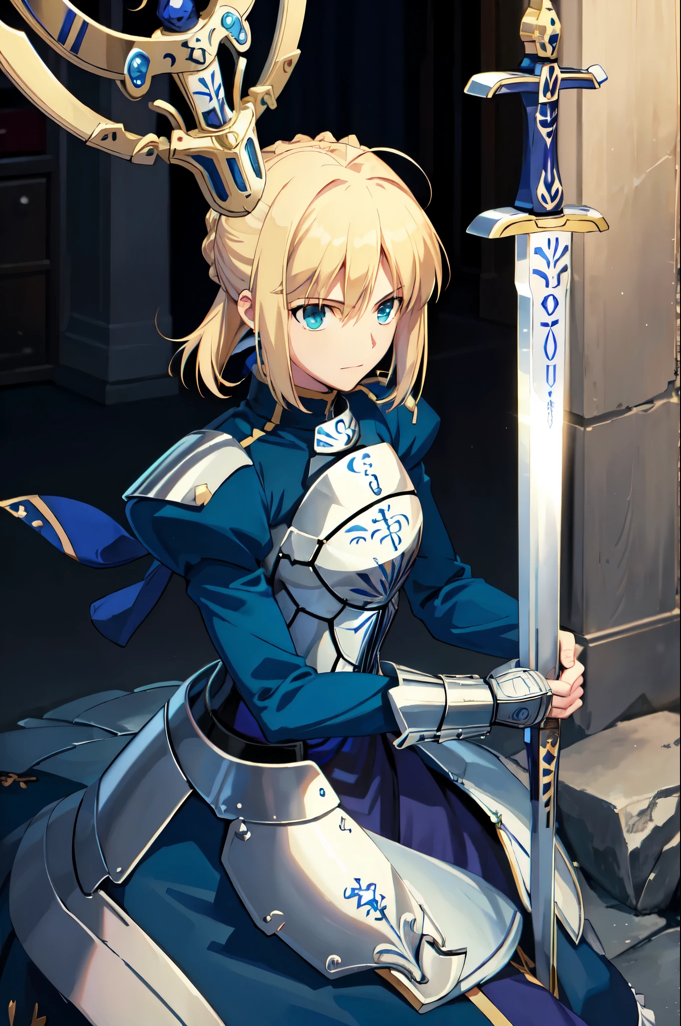 (masterpiece:1.4), (best quality:1.4), realistic, 1girl, artoria pendragon \(fate\), armor, (excalibur \(fate/stay night\), sword, holding sword:1.1)