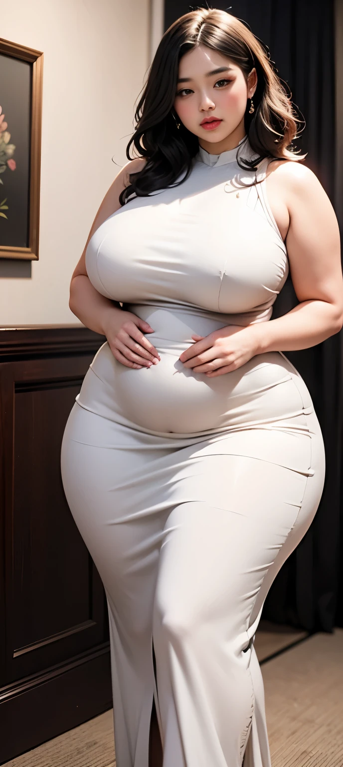 ((best quality)), ((masterpiece)), (detailed), perfect face, araffe woman in a polite gamis walking in dark room, thicc, she has a jiggly fat round belly, chan, wearing gamis formal, skinny waist and thick hips, widest hips, her belly is fat and round, soft curvy shape, hyperrealistic full figure, wearing a formal gamis , wide hips, cropped shoulders,Bare belly,(big ass.6),,, thicc, beautiful thick female, beautiful curvy female,, Tall and tall,clear curvy details, curvy hourglass figure, alluring plus sized model, bbwchaVoluptious body, Curvy model, Curvy body, Be red in the face, 1girll, a matural female, A MILF, theden ratio,(Kpop idol),(Oil skin:0.72), (Oil skin:1.1), iremuzi tattoos on thighs, big tattoo on thighs, japanese goddess , korean Goddess , milky white skin, wearing longest clothes, wearing sneakers , wavy short hair , brown hair, wearing pants , polite clothes