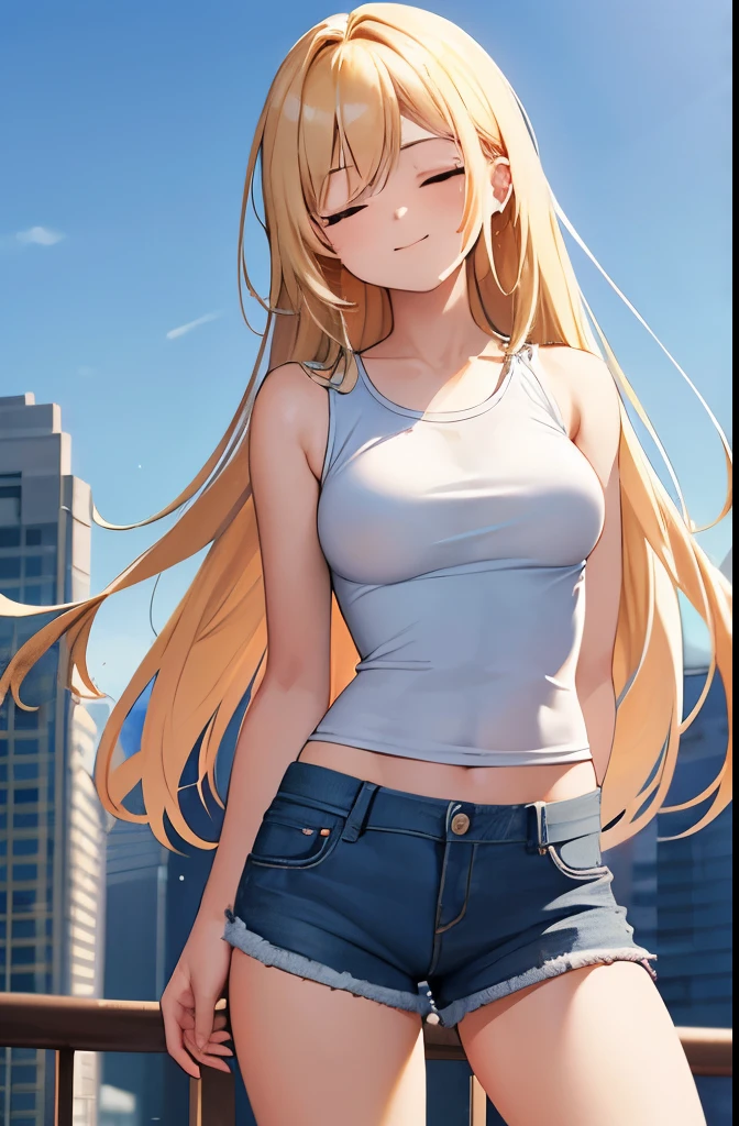 20 years old women,blonde staright long hair,closed eyes,(happy:1.4),medium breasts,white sleeveless shirt,denim shorts,arms behind back,contrapposto,city,clear sky,(cowboy shot:1.2)
