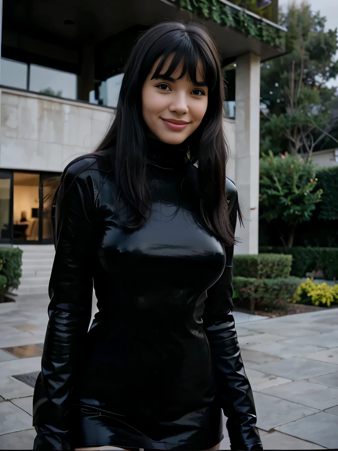 teen Smiling Bettie Page with black long hair with bangs wearing a Black turtleneck dress , soft black leather gloves with a big modern mansion in a neighborhood in Bel-Air background on a foggy day