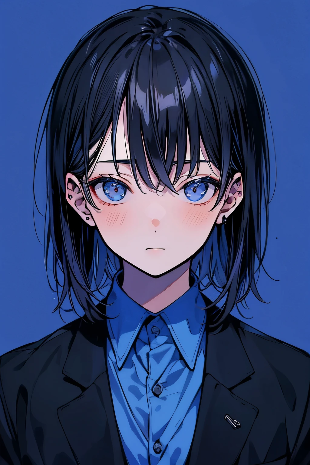 (Mastepiece), (Best Quality), Very detailed, ((ID photo)), Perfect Face, Beautiful Face, Very detailed顔，(Black-haired man:1.3)，(Solid blue background:1.3)，suit，shirt