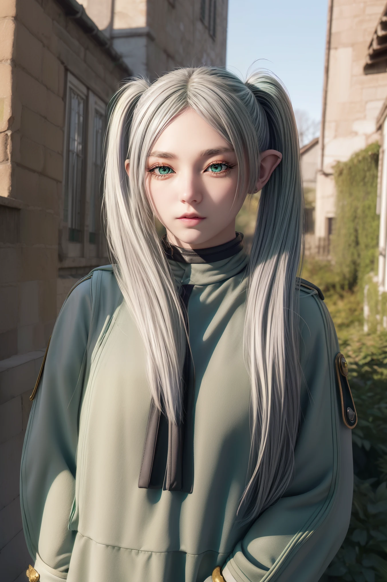 Freezing, Freezing, Long Hair, Twin tails, (Green Eyes:1.5), Grey Hair, Pointed Ears, Fairy,
break black gloves, Elbow hand pockets, Fur trim, dress, coat, High Contrast,
break looking at viewer, Upper Body, (whole body:1.2),Are standing,
break outdoors, null, nature,
break (masterpiece:1.2), highest quality, High resolution, unity 8k wallpaper,Browsing Caution ,(figure:0.8), (Beautiful fine details:1.6), Highly detailed face, Perfect lighting, Highly detailed CG, (Perfect hands, Perfect Anatomy),