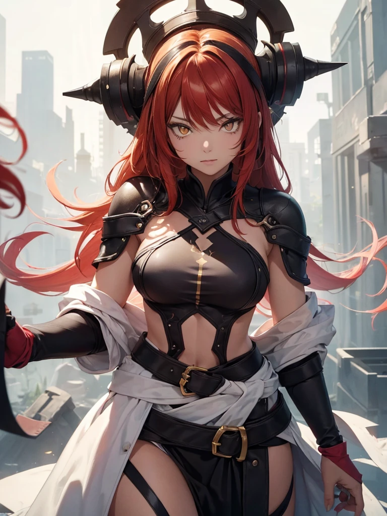 (best quality)), ((Masterpiece)), (details:1.4), 3d, HDR (high dynamic range), an image of a beautiful cyberpunk female, Red hair, Curtain Bangs, Red eyes, hips up, จมูกโด่ง, ปากแดง, หน้าอกใหญ่, nvidia RTX, PBR surface, After processing, Anisotropic filtration,depth of field, Maximum clarity and clarity, multi-layered surface, Subsurface scattering, perfect proportions, 8K raw files, ultra detailed, Perfect proportions, volumetric lighting, soft lighting, Holy Paladin, Heavy black Armor, glossy skin, gorgeous, intricate grey background, strong back lighting, jewely, ต่างหู, นิ้วมือสมบูรณ์, กระโปรงสั้น