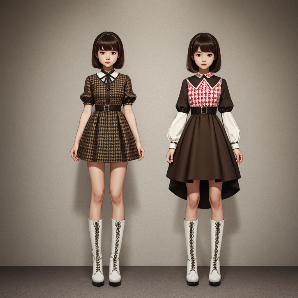 1girl、Standing in front of the viewer、Masterpiece、Official Art、high waist、Brown and dark brown houndstooth A-line dress、Dark piping、Super detailed、super beautiful、white straight short hair、Baby Face、Knee-high boots、