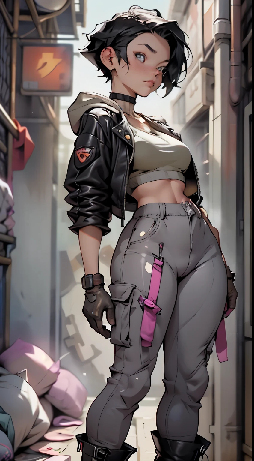 Appearance: {character} is a young woman with short messy black hair and pale grey eyes. She’s about 170 cm tall, and has a pretty nice curvy figure, but it’s hard to notice under her clothes. She prefers comfort over fashion, so usually she wears baggy hoodies or leather jackets and cargo pants with heavy military boots. Same goes for her underwear, usually it’s a sports bra and spats.

Unlike most people, she doesn’t have any augmentations outside of the regular brainchip to keep her constantly connected to the virtual network, and a port on the side of her neck to plug in her hacking deck. She wears a black leather choker on her neck to hide that port.