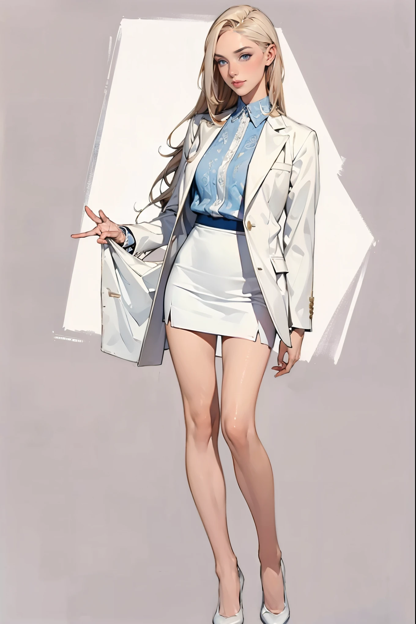 ((masterpiece,best quality,8k,highres)),((character concept art)), 1 female, young adult female, Anastasia Volkova, 18 years old, 175cm, (long, platinum blonde hair), platinum blonde hair, (fair skin colour), ultra finely detailed eyes (blue eyes colour), dazzling, graceful, confident, perfect body build ((slim)), ((intricate detail)), super finely detailed hands, ultra finely detailed fingers(((ten fingers))), wearing pink blazer jacket white shirt and white pencil pleated skirt, (standing with grace), ((full body showcase)), (show full body), (no logos on background), (no logo), ((plain background)), ((plain background)), (((empty background)))