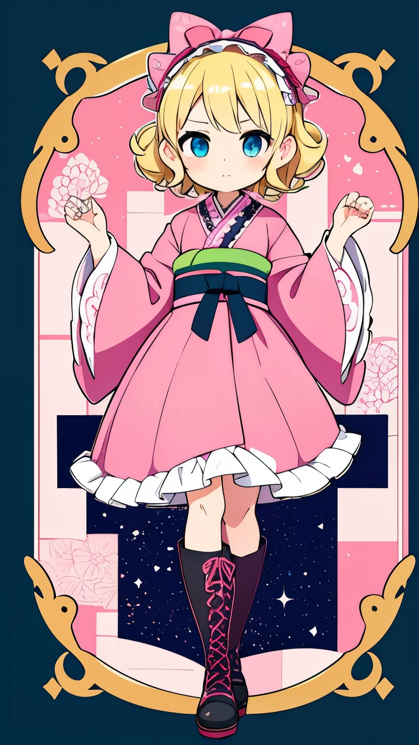 age Girls,Blonde curly short hair,Dark blue eyes,Pink kimono,Green band,pink lolionnet,Japanese and Western eclectic,Lolita Fon,kimono,Character portrait,Lace-up boots on the feet,Strawberry garnish