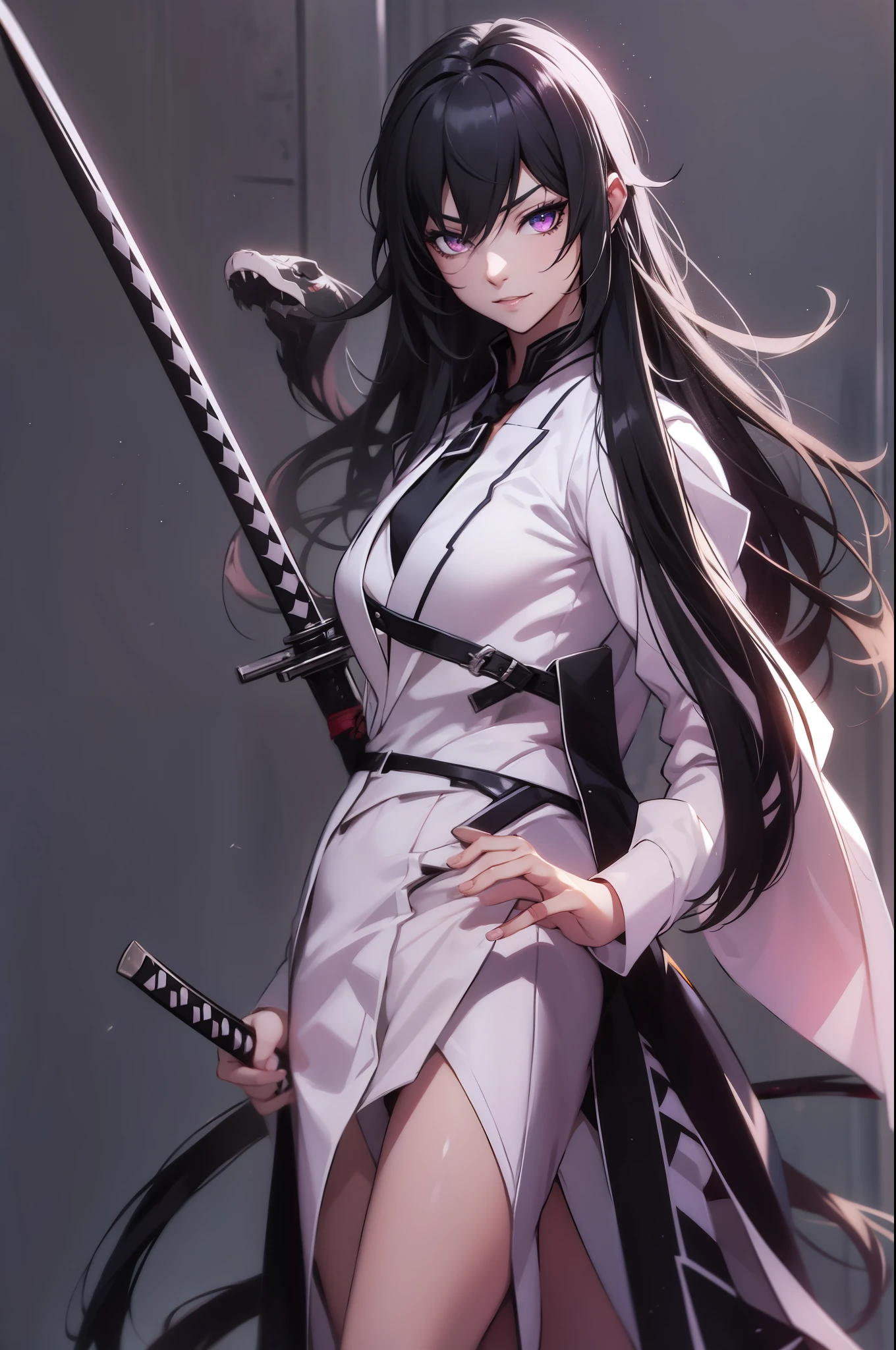 female arbiter vildred, 1 girl, black long hair, sharp eyes, deep starring, white tuxedo, killer smile, full body, holding long black katana, snake shadow from behind, dynamic pose, looking to viewer, 8k, UHD, Masterpiece