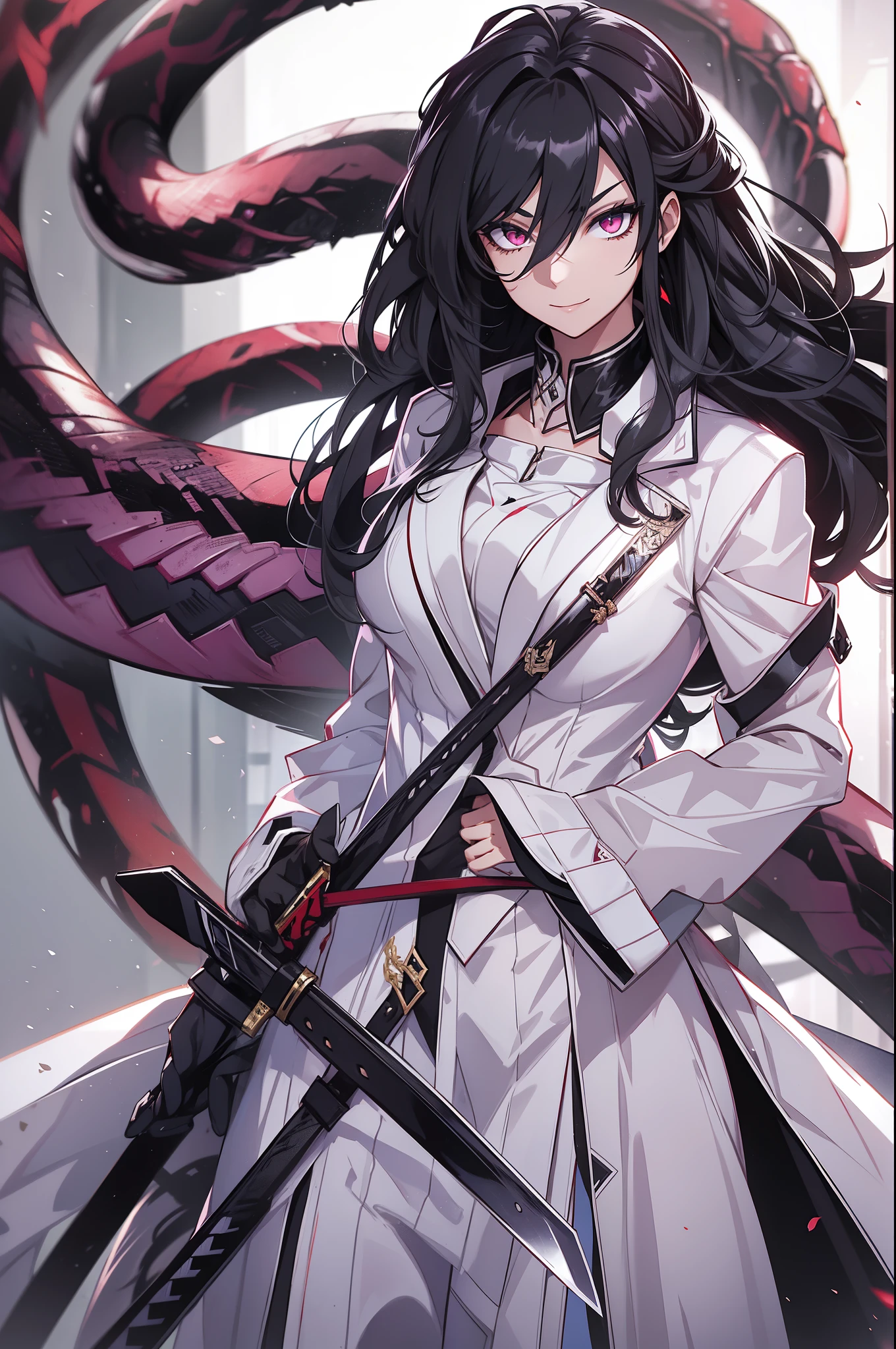 female arbiter vildred, 1 girl, black long hair, sharp eyes, deep starring, white tuxedo, killer smile, full body, holding long black katana, snake shadow from behind, dynamic pose, looking to viewer, 8k, UHD, Masterpiece