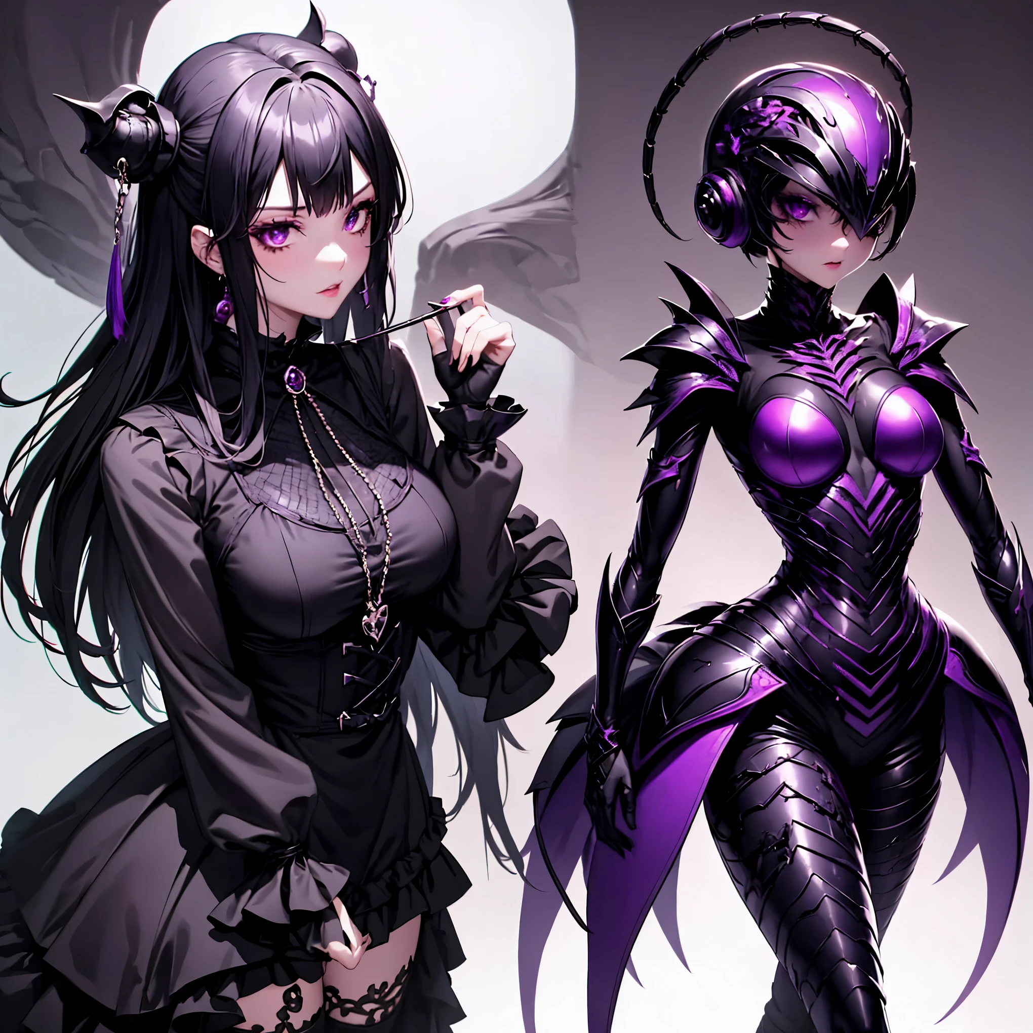 Beautiful girl fused with a scorpion. (High quality) （black and purple image color）gothic dress. body suit. cyber style. Circuit pattern. Biological Armor. Biological helmet. eye mask.