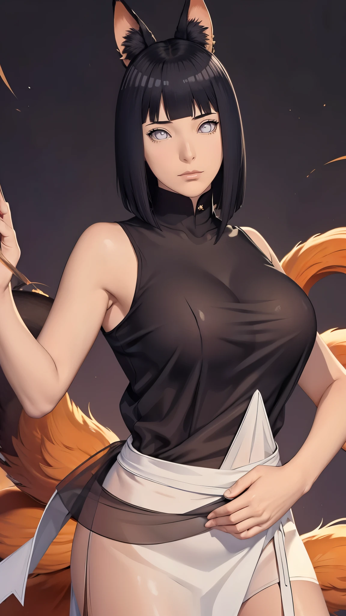 （（（完美figure，figure，（（（solo,White skin，kurama,Pommeled Horse, abdominal muscles, red eyes, animal ears, body hair, colored sclera, fox ears, fox girl, fox tail, hairy, hairy female, fox, multiple tails, muscular,  orange fur,  tail,  （（（hinata\(boruto\),purple hoodie,brown pants,black shirt, apron））），））），（（（hinata\(boruto\),,(((black long hair))), blue eyes,blunt bangs））），((masterpiece)),high resolution, ((Best quality at best))，masterpiece，quality，Best quality，（（（ Exquisite facial features，Looking at the audience,There is light in the eyes，(（（Pain, patience, biting lips））)，））），型figure:1.7））），（（（Light and shadow，Huge breasts））），（（（Looking at the camera，black background，）））