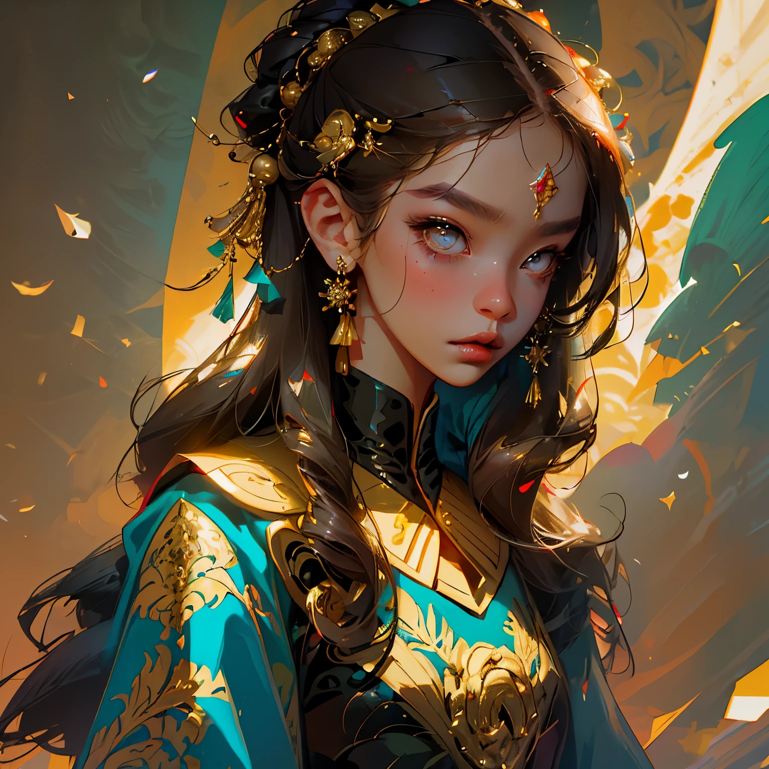 (masterpiece, best quality), 1girl,burmese dress, upper body, makeup, hair ornament,goldenhair,