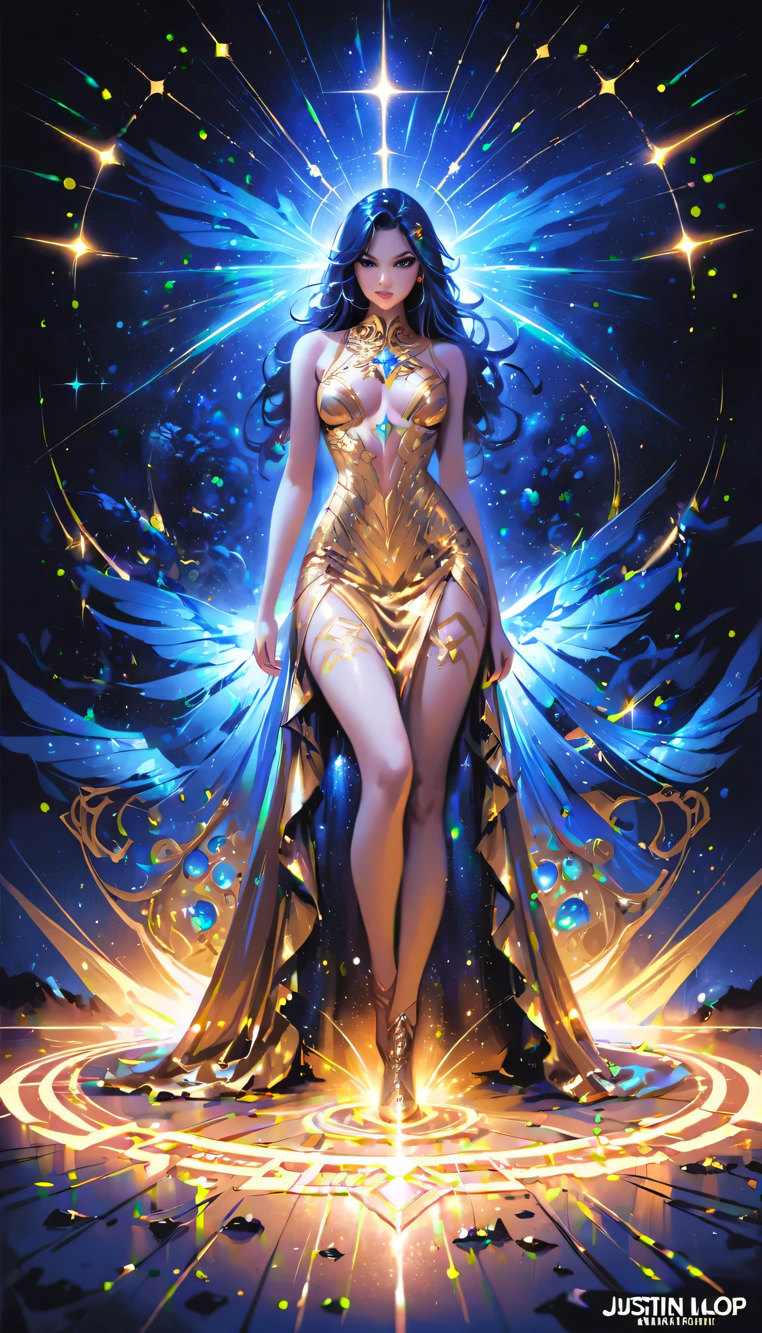 (The Goddess of Sand, beautifully decorated like in the movie, Golden Dress, Shiny gold tattoo), (Galactic Shaman with Quantum Energy Fantasy), Fantasy magic, Long Hair, Dark light night, Complex, Ethereal, Sharp focus, figure, Very detailed, Digital Painting, concept art, mat, (art：wlop), (Justin Gerard and Jason Edmiston: 1.5), (By Greg Rutkowski: 0.4), (By Alfonse Mucci: 0.4), masterpiece