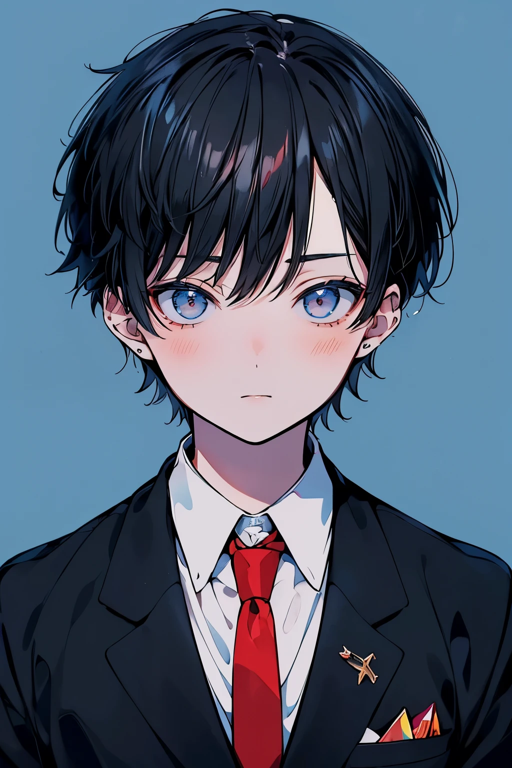 (Mastepiece), (Best Quality), Very detailed, ((ID photo)), Perfect Face, Beautiful Face, Very detailed顔,(short black hair man:1.3),(Solid blue background:1.3),Brown blazer,White Shirt,Red tie