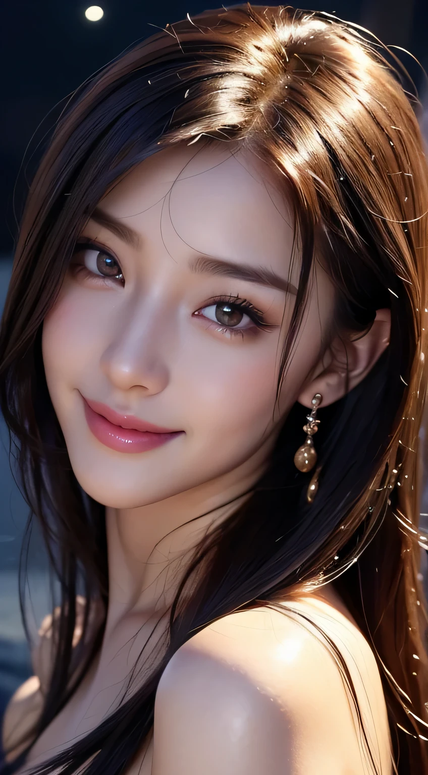 Beautiful woman，body portrait、8k，thin and beautiful eyes，Dindal effect、masterpiece, 最high quality, high quality, High resolution、very detailed photos、(natural skin texture、fine skin、hyper realism、Super sharpness)、high detail skin、(very detailed、fine skin texture、intricate details、beautiful face、(lifelike face)、realistic eyes、beautiful and detailed eyes、real looking skin、beautiful skin、big breasts、G cup、glamorous、shiny skin、oily muscles、Bunny girl、surreal、very detailed、golden ratio、with smiling eyes、((night moonlight background))、body portrait