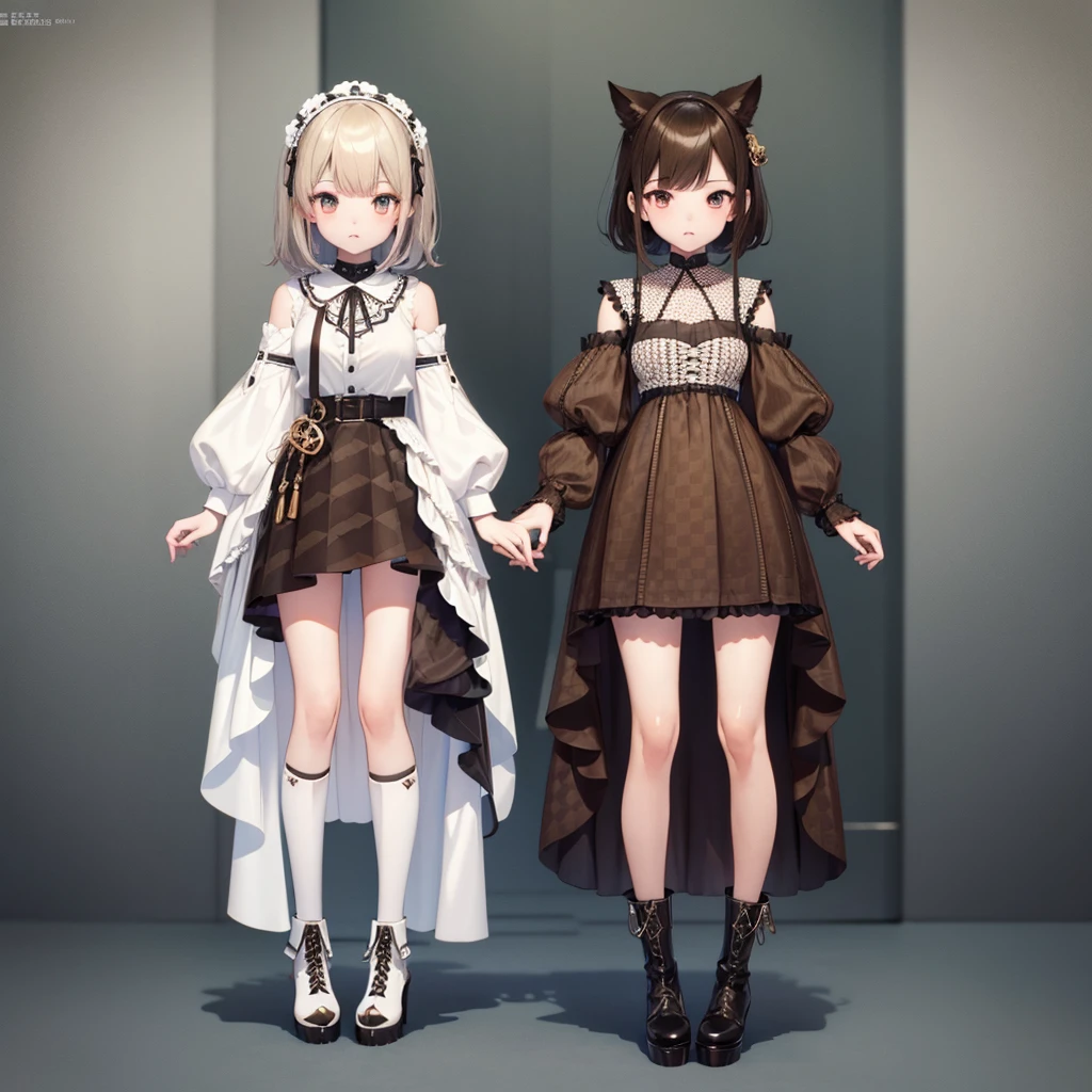 1girl、Standing in front of the viewer、Masterpiece、Official Art、high waist、Brown and dark brown houndstooth A-line dress、Dark piping、Super detailed、super beautiful、white straight short hair、Baby Face、Knee-high boots、