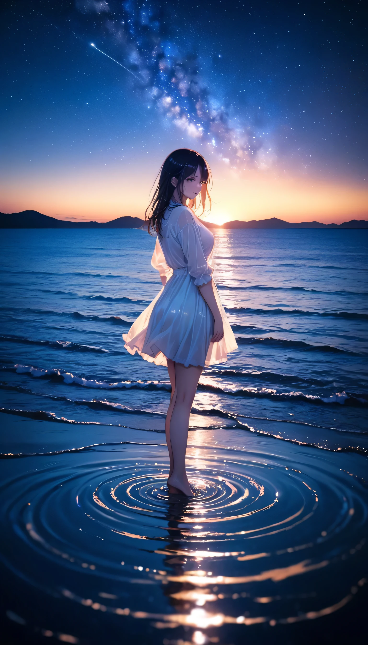 (close:1.4)、(RAW Photos:1.2)、(Realistic:1.4)、(masterpiece:1.3)、(highest quality:1.4)、Japanese Girls、(Night view:1.2)、Light clothing、pretty girl、put one foot in the sea、Standing on tiptoes、landscape、Between the horizon and the sea、Side view、Ripples spreading from the toes、Standing about 20 meters away、On the Sea、The whole scene is Shiny O's、illumination、