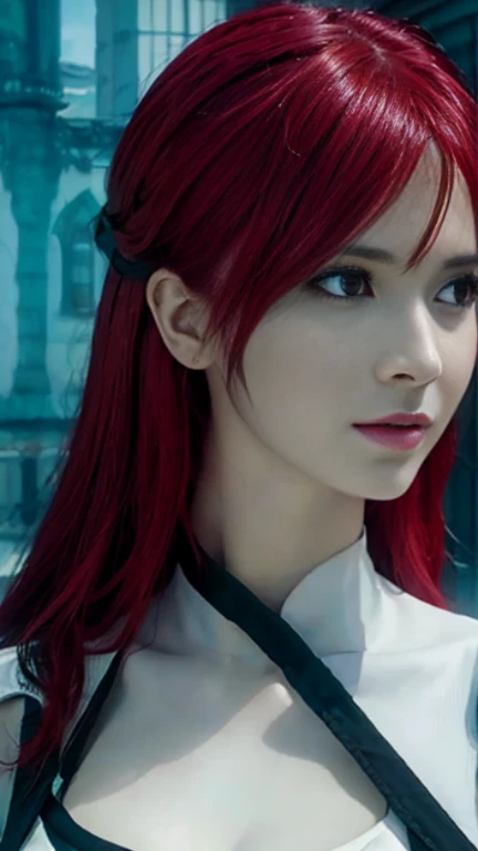 (masterpiece:1.3), (8k, Realistic, RAW Photos, highest quality: 1.4), FAIRY TAIL character Erza Scarlet,Cosplay、(One girl), Beautiful Face, (Realistic Face), (Red hair, Long Hair:1.3), Beautiful hairstyle, Realistic eyes, Slanted Eyes、Beautiful fine details, (Realistic Skin), Beautiful Skin, Absurd, Big Breasts、Cleavage、Thighs、whole body、Charm, Ultra-high resolution, Ultra-realistic, Very detailed, Golden Ratio