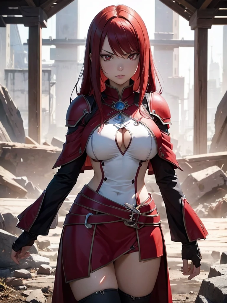 (masterpiece, top quality, best quality), 4k, perfect-lighting, symmetrical face, solo, Erza Scarlet, devastating look, red hair, breasts, knight armor, cowboy shot