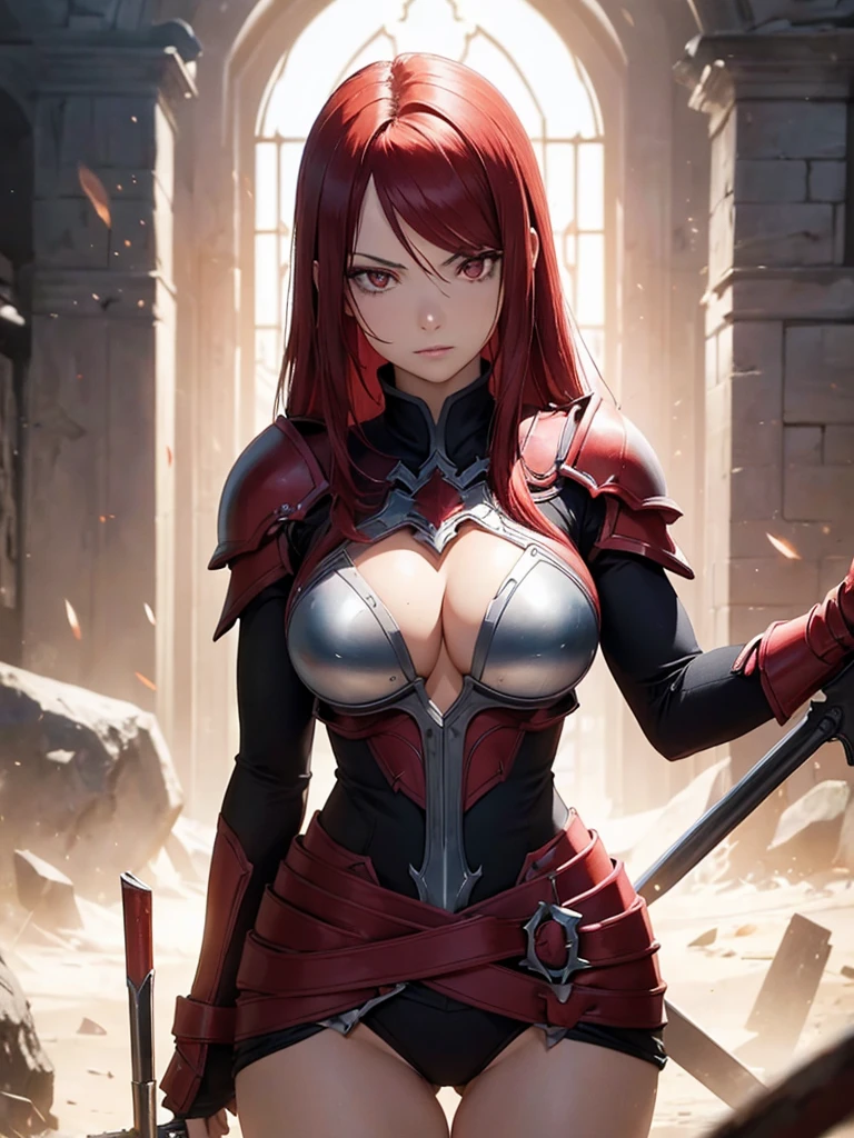 (masterpiece, top quality, best quality), 4k, perfect-lighting, symmetrical face, solo, Erza Scarlet, devastating look, red hair, breasts, knight armor, cowboy shot