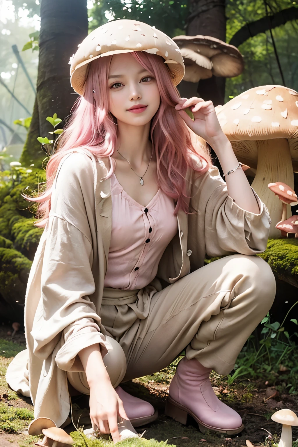 (8K, top-quality, masterpiece:1.2), (realistic, photorealistic:1.37), (super detail:1.5), (one girl:1.2), (highly detailed:1.3), (beautifully detailed eyes:1.4), (of the highest quality:1.2), (super detailed:1.3), (masterpiece:1.5), (detailed face:1.4), (20yr old:1.2), (pink hair, long hair:1.5), (medium breasts:1.2), (clothed:1.2), (perfect lighting:1.5), BREAK, (upper body to knees:1.3), (wavy pink long hair:1.4), (mysterious smile:1.3), (looking at viewer:1.2), (holding a small mushroom:1.4), (lifting skirt lightly:1.3), (enchanted mushroom forest background:1.5), (soft natural lighting:1.4), BREAK, (enchanted forest fairy:1.5), (mushroom theme:1.5), (earth tone palette:1.2), (deep browns, moss greens:1.3), (red, orange accents:1.2), (mushroom gill patterns:1.3), (small mushroom silhouettes:1.2), (organic cotton, linen:1.2), (silk, chiffon layers:1.3), (translucent, lightweight:1.2), (linen long coat:1.4), (layered design:1.3), (silk camisole:1.3), (natural curve neckline:1.2), (organic cotton wrap top:1.4), (mushroom-shaped pockets:1.3), (high-waisted linen pants:1.4), (mushroom-shaped buttons:1.3), (relaxed flow silhouette:1.2), (wood branch, leaf embroidery:1.3), (mushroom cap frills, pleats:1.3), (chiffon socks, mushroom print:1.3), (natural leather ankle boots:1.4), (mushroom cutout details:1.3), (silver jewelry, nut and leaf motifs:1.3), BREAK