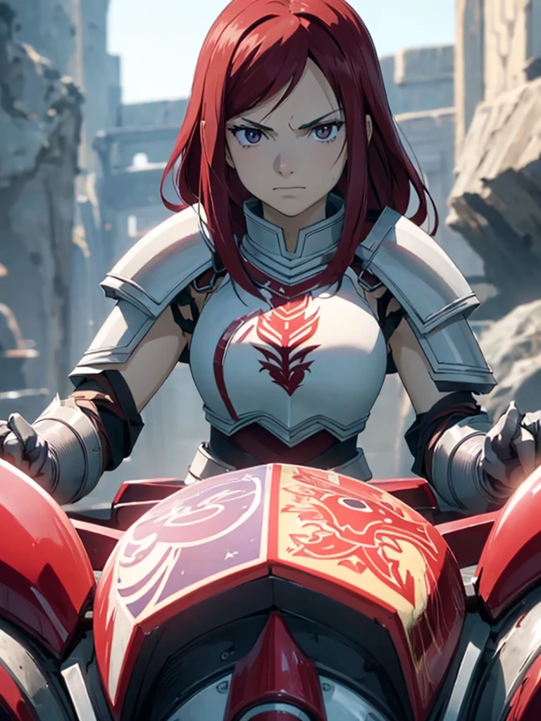 (masterpiece, top quality, best quality), 4k, perfect-lighting, symmetrical face, solo, Erza Scarlet, devastating look, red hair, breasts, knight armor, cowboy shot