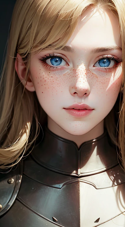masterpiece, (realistic), highres, highly detailed, intricate, beautiful woman, blonde, blue eyes, freckles, detailed face, knight, armor
