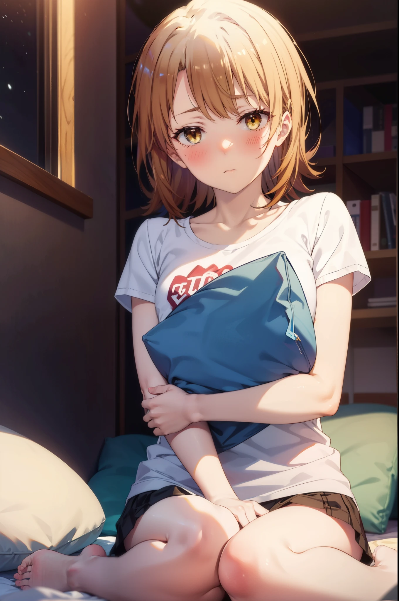 irohaisshiki, Iroha Isshiki, short hair, brown hair, (Brown eyes:1.5), blush,Looks sleepy,Embarrassing,oversized t-shirt,black string underwear,barefoot,Holding a pillow in both arms,Putting my face on the pillow,Sitting on the bed,ロマンチックな夜景
break indoors, Bedroom,
break looking at viewer,
break (masterpiece:1.2), highest quality, High resolution, unity 8k wallpaper, (figure:0.8), (Beautiful fine details:1.6), Highly detailed face, Perfect lighting, Highly detailed CG, (Perfect hands, Perfect Anatomy),