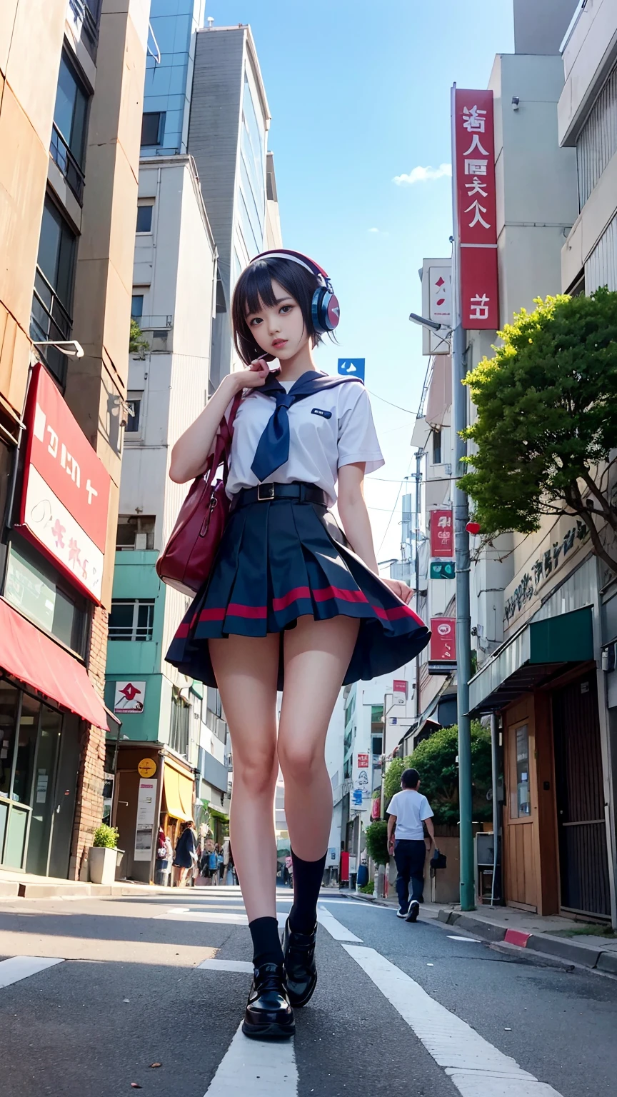 Anime Girls with headphones on walking across a busy city street, Beautiful anime school girl, Lofty Girl, Anime atmosphere, Anime Style 4 k, young Anime Girls, Anime Aesthetics, an Anime Girls, Anime Style illustration, retro Anime Girls, Anime Style. 8k, City Girl Fan Art, Tokyo Anime Scene, Anime Girls, Digital anime illustration, modern Anime Style