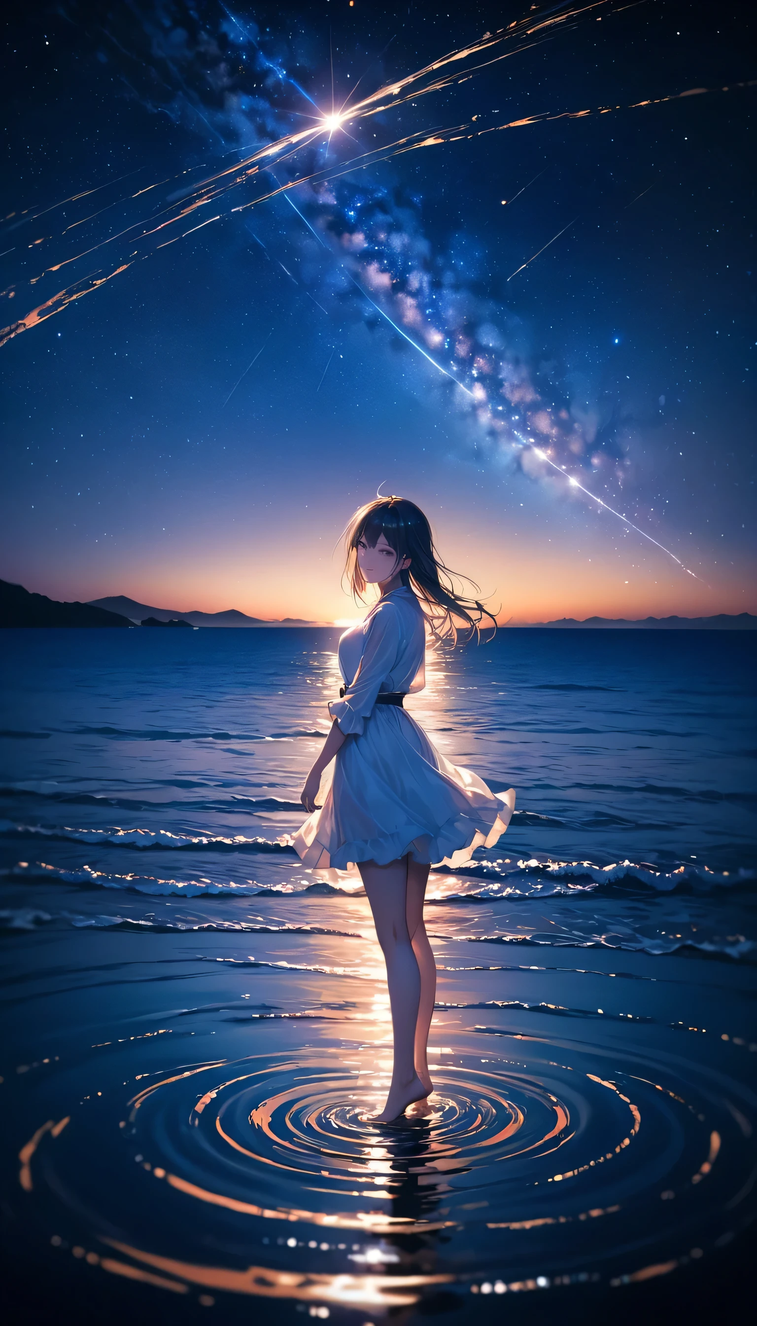 (close:1.4)、(RAW Photos:1.2)、(Realistic:1.4)、(masterpiece:1.3)、(highest quality:1.4)、Japanese Girls、(Night view:1.2)、Light clothing、pretty girl、put one foot in the sea、Standing on tiptoes、landscape、Between the horizon and the sea、Side view、Ripples spreading from the toes、Standing about 20 meters away、On the Sea、The whole scene is Shiny O's、illumination、