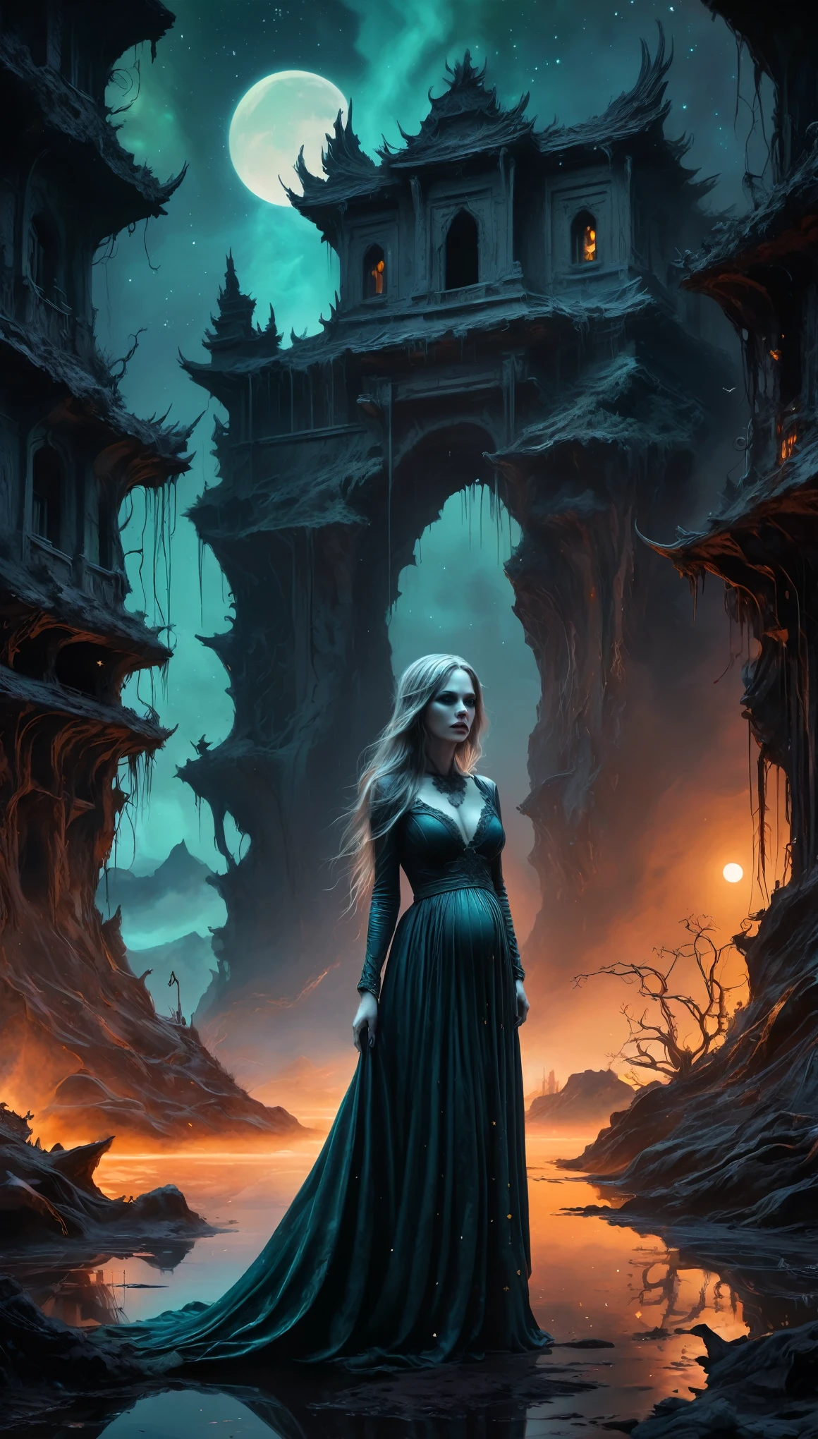 pregnant,(devil theme:1.5),(dark horror theme:1.5),(thriller:1.5),(inspiration from Stephen King:1.5),(dark fantasy:1.5), (ink and watercolor painting:1.5), (black and white color:1.5), (ominous landscapes:1.5),(A large number of stars fly towards the viewer:1.5),(ruined:1.5), (ruined theme:1.5),(lots of flying dust:1.5),(puddle:1.5),(Unpaved roads:1.5),(absurderes:1.5),(fantastic:1.5),full body length,Quartz Lepidolite babygirl in national dress,pretty face,full body shot,ominous landscape,chrysocolla atmosphere,by art Simon Stalenhag,Nicola Samori,Wangechi Mutu,prime colors,extremely detailed,masterpiece,intricate details,faded,eyes extremely detailed, high detailed eyes,4k resolution,RAW, Nikon Z9,scary town,full body length,evil ghost Iridescent,intricate details,Stone Forest in Yunnan Province of China,ultra-detailed,dark and eerie atmosphere, ethereal presence, hauntingly beautiful, ghostly figures, swirling mists, supernatural entities, demonic essence, shadowy forms, eerie whispers, sinister aura, hauntingly pale skin, dark and twisted branches, flickering candlelight, macabre elements, mysterious and enigmatic, spectral apparitions, gothic art style, hauntingly captivating, spectral realm, hauntingly melancholic, otherworldly beauty, ethereal glow, hauntingly haunting, chilling and atmospheric, eerie and ominous lighting,Impresionismo，starlight color，Fantastic lighting，Ethereal atmosphere，otherworldly charm，Mystic aura，Glowing flowers，floating petal，majestic vines，Glowing Leaves，with a calm expression，Complicated details，Exquisite features，petals in her hair，Light of the sky，harmonious colorystic energy，Surreal atmosphere，Amazing Cleavage，Sublime art，vibrant tones，captivating creationAfter the war，Maritime city，sense of science and technology，The city of the future，Spaceship wreckage，There are giant ships in the sea，Beautiful woman overlooking the ruined city