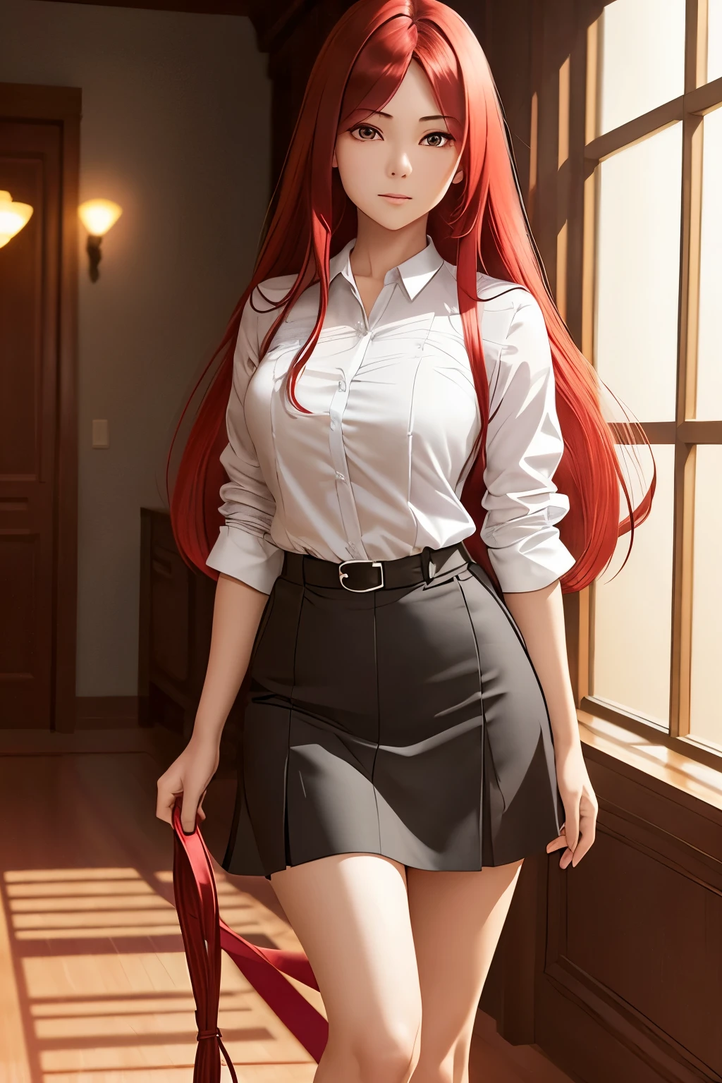 1 girl, long scarlet hair , long, flowing crimson haircut, solo, errogant look, angry and arrogant, (masterpiece, best quality, high resolution), looking at the viewer, standing, (intricate and beautiful:1.2), (detailed light:1.2), (soft light, side light), (high resolution textures) , holding leash in hand(chain leash), indoor, Burmese girl, wearing short skirt( high hips skirt), wearing office shirt, indoor background, hotel background,  light, attractive, sexy, mature and hot, detail outfit,